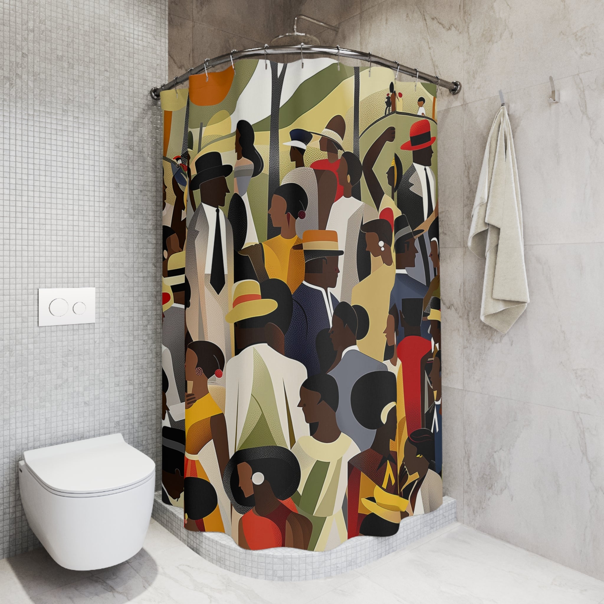 Picnic in the Park Bathroom Shower Curtain featuring African American men and women celebrating Juneteenth outdoors. Afrocentric family reunion scene with people dancing, talking, and enjoying a festive picnic in a vibrant park setting. Bold, colorful cultural bathroom decor.