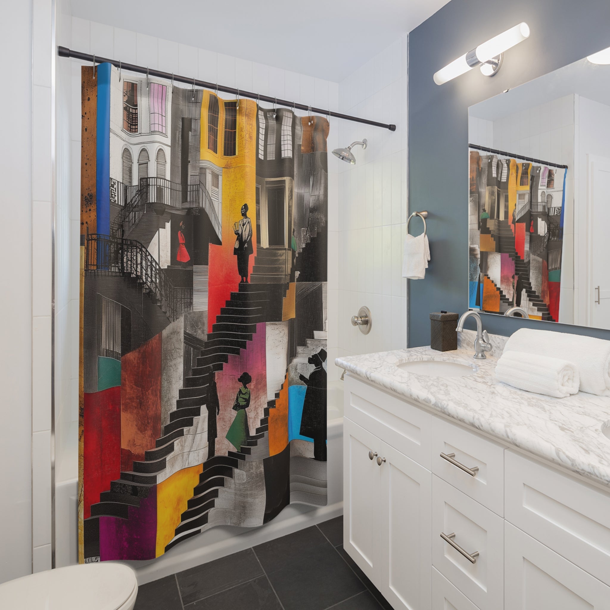 Harlem Brownstones Shower Curtain featuring Afrocentric artwork of Harlem street life and iconic neighborhood buildings, perfect for cultural bathroom decor