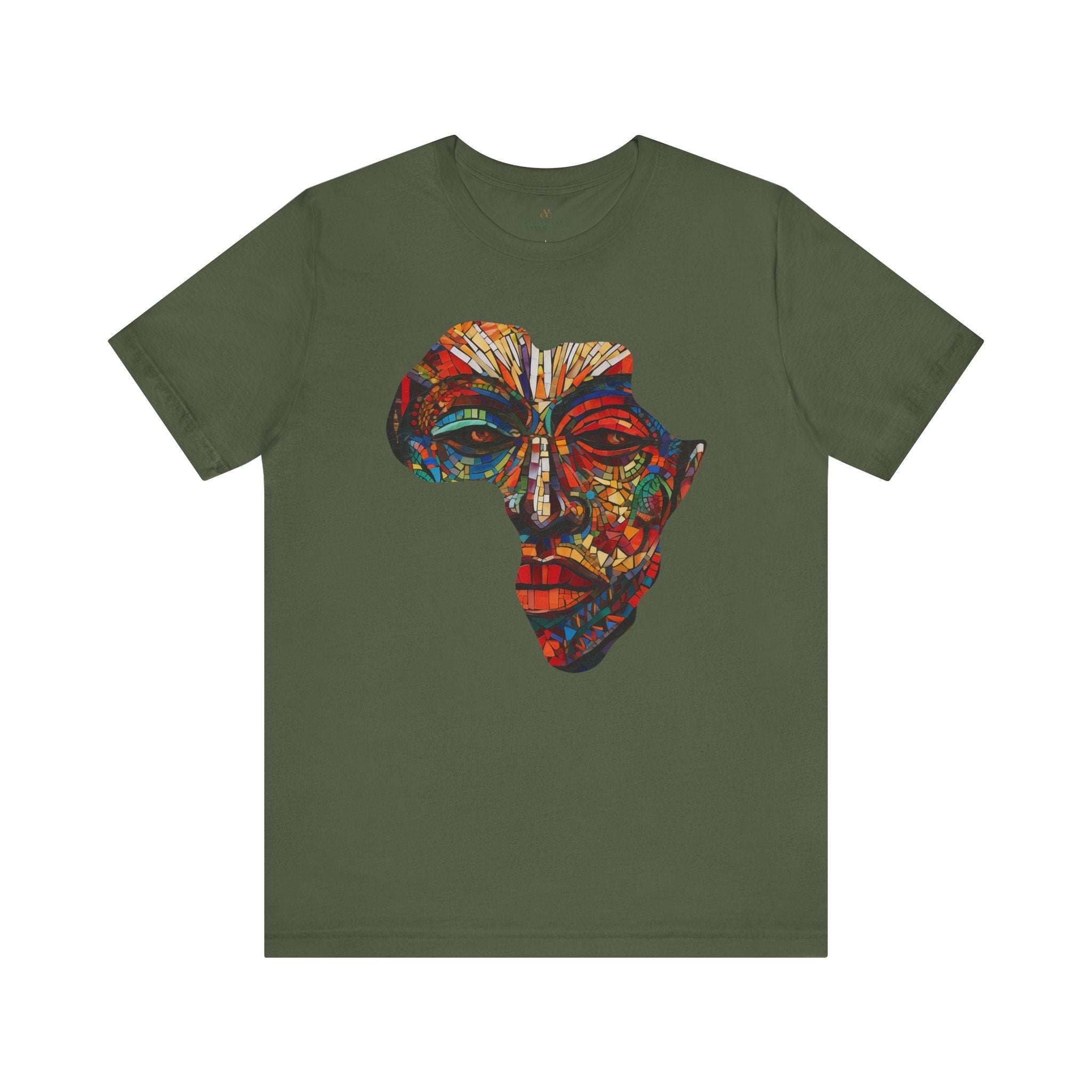 Continent of Africa Tee Shirt featuring an abstract African mask within a mosaic-style Africa map. A bold Afrocentric top celebrating Black culture, heritage, and identity, perfect for unique gifting.