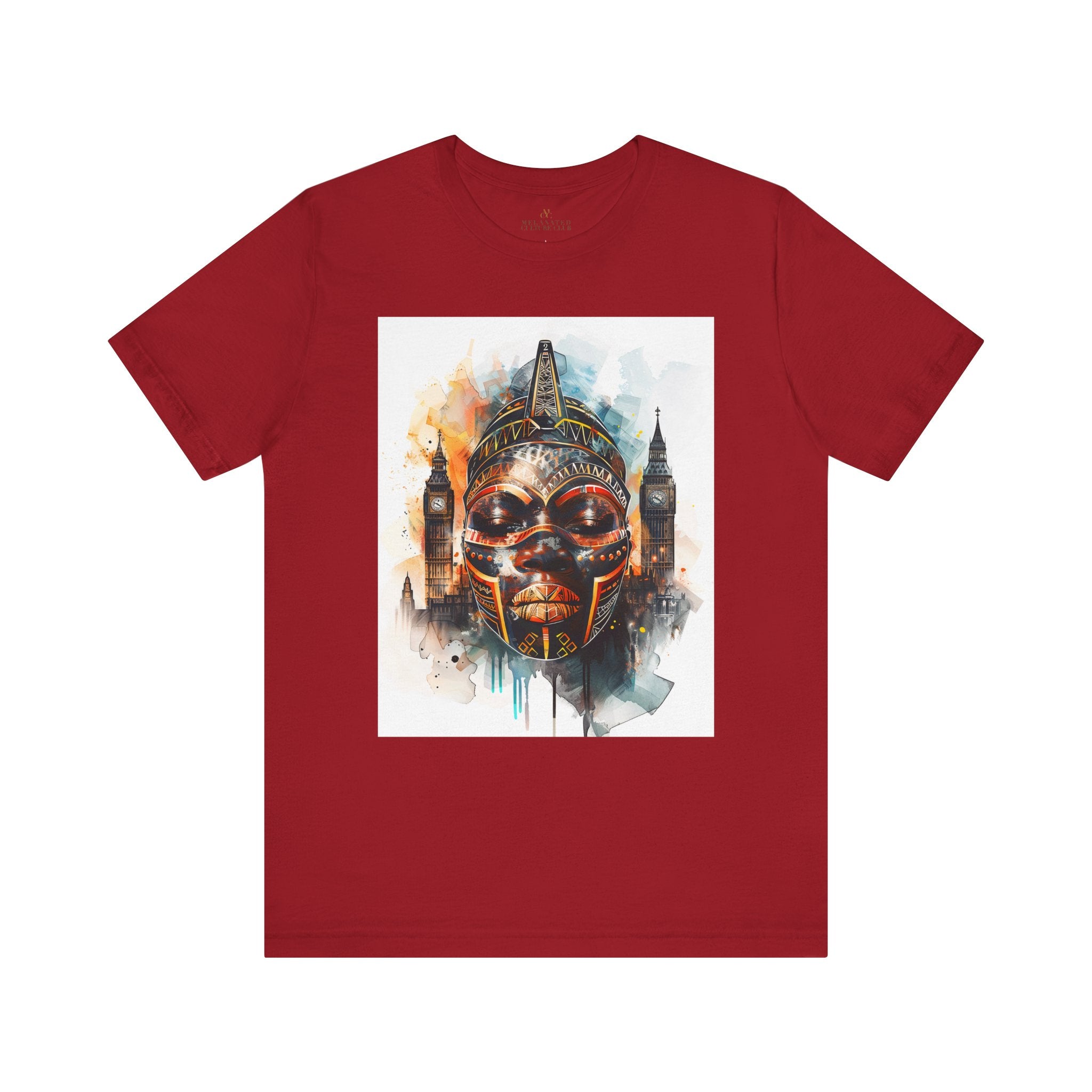 London Abstract African Mask Tee Shirt in red.