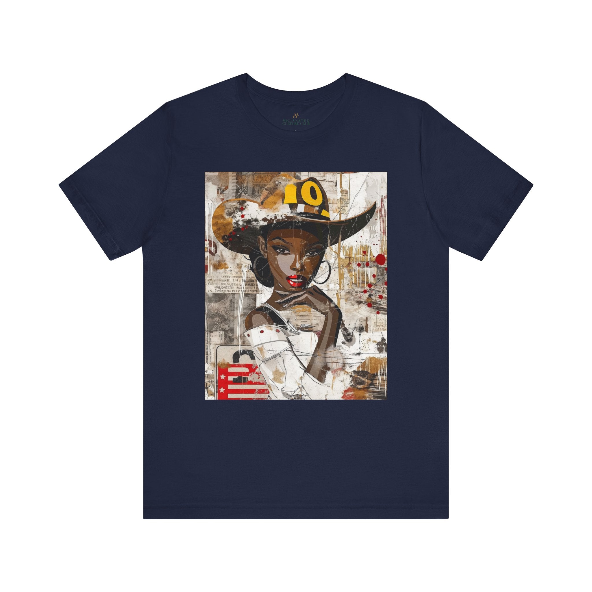 Black Cowgirl Tee featuring a cartoon-style brown skin girl in a graffiti-inspired pop art design. An edgy Afrocentric Western shirt celebrating African American culture and bold streetwear fashion.
