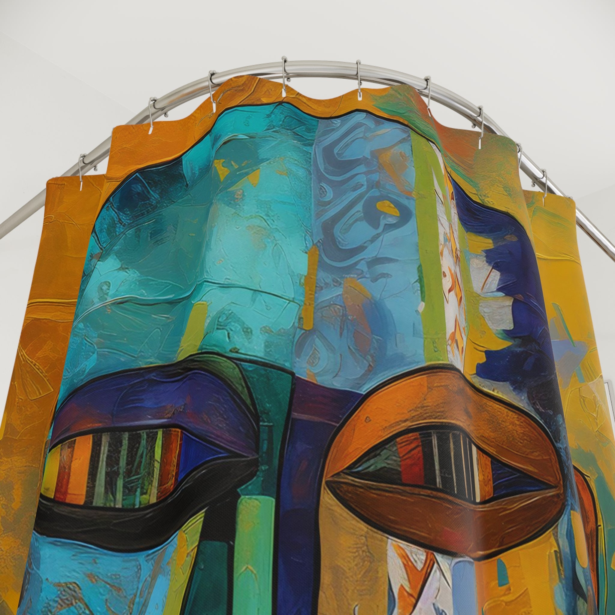 Bathroom shower curtain featuring an abstract African mask design with bold Afrocentric patterns, ideal for African-inspired home decor.