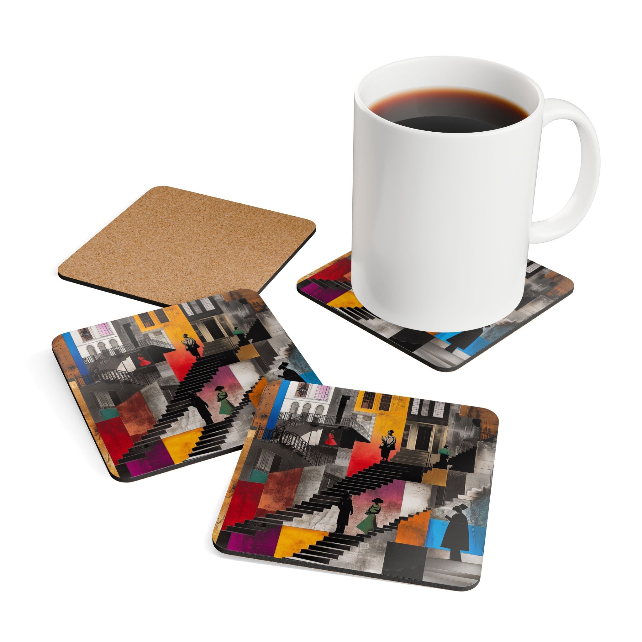 Set of 4 Harlem Neighborhood Drink Coasters featuring abstract illustrations of Harlem brownstones, Afrocentric barware accessory for home decor