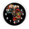 African Mosaic Mask Round Wall Clock featuring a mosaic-style African mask in the shape of the continent of Africa. Abstract Afrocentric wall decor with bold geometric patterns and vibrant colors.