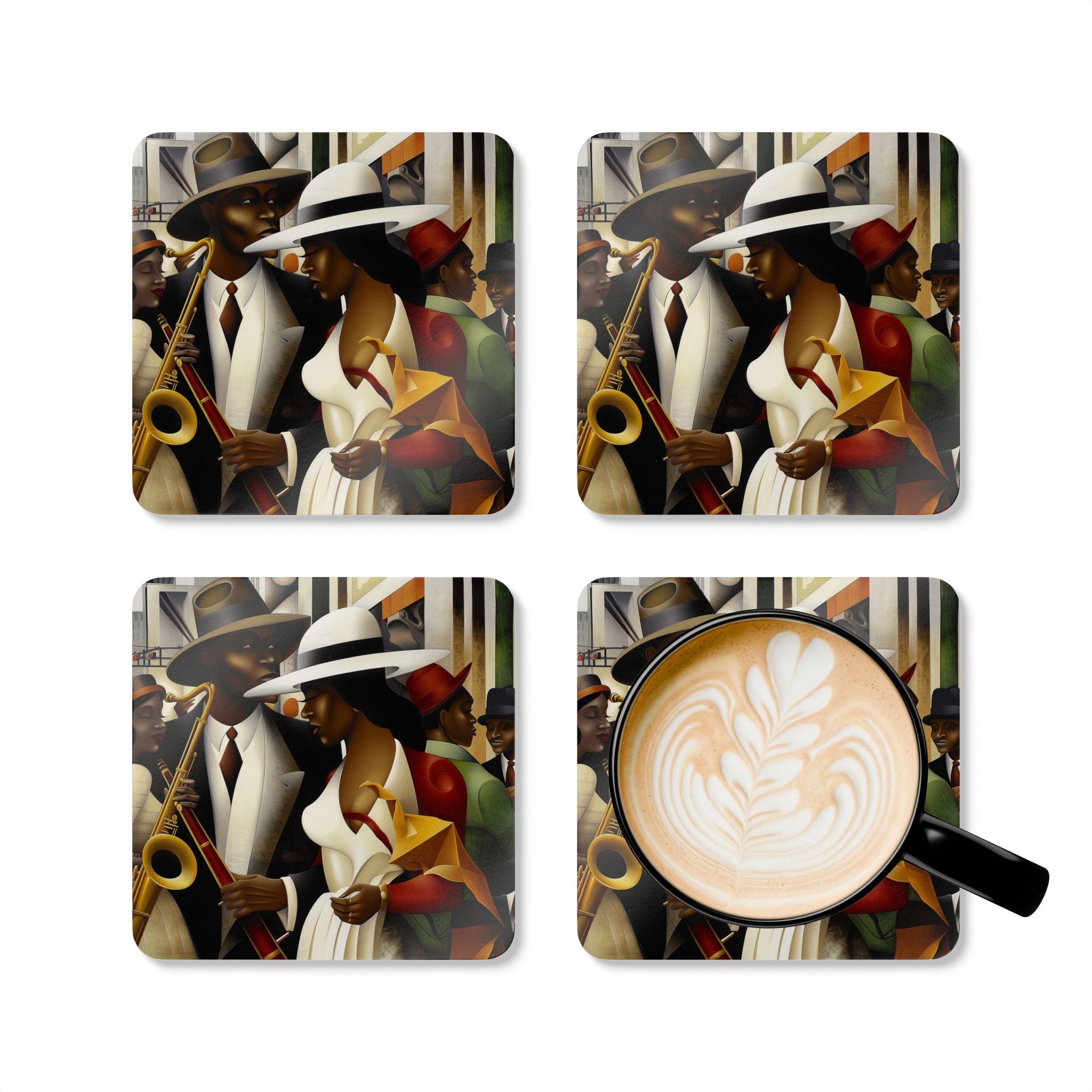 Harlem Renaissance Drink Coasters featuring African American jazz musicians in a retro Afro Bohemian art style, perfect for cultural barware or home decor