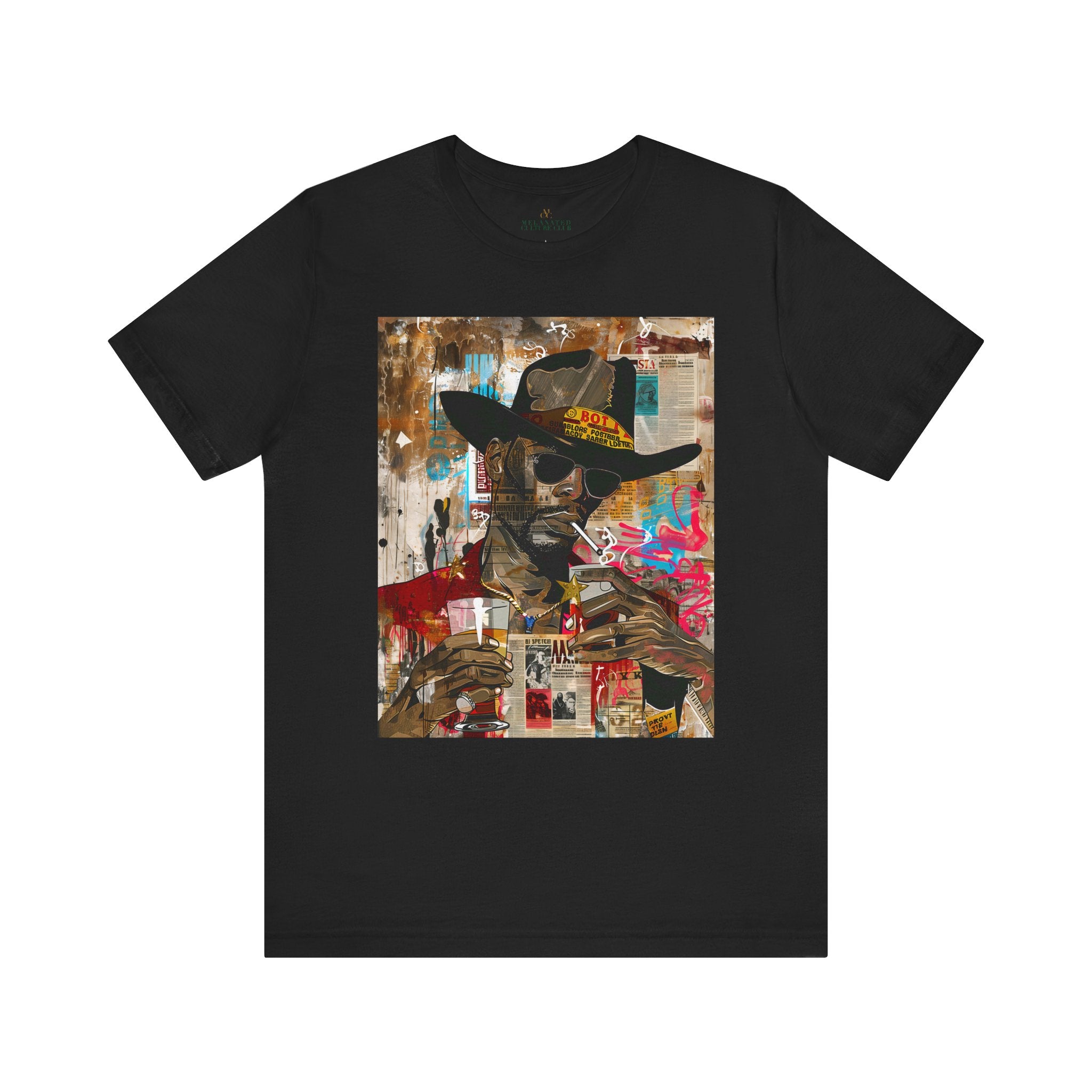 Urban Black Cowboy Tee featuring a graffiti collage design of an African American cowboy wearing dark sunglasses, smoking a cigarette, and holding a neat whiskey. A bold, edgy Afrocentric pop art-style shirt celebrating Black culture.