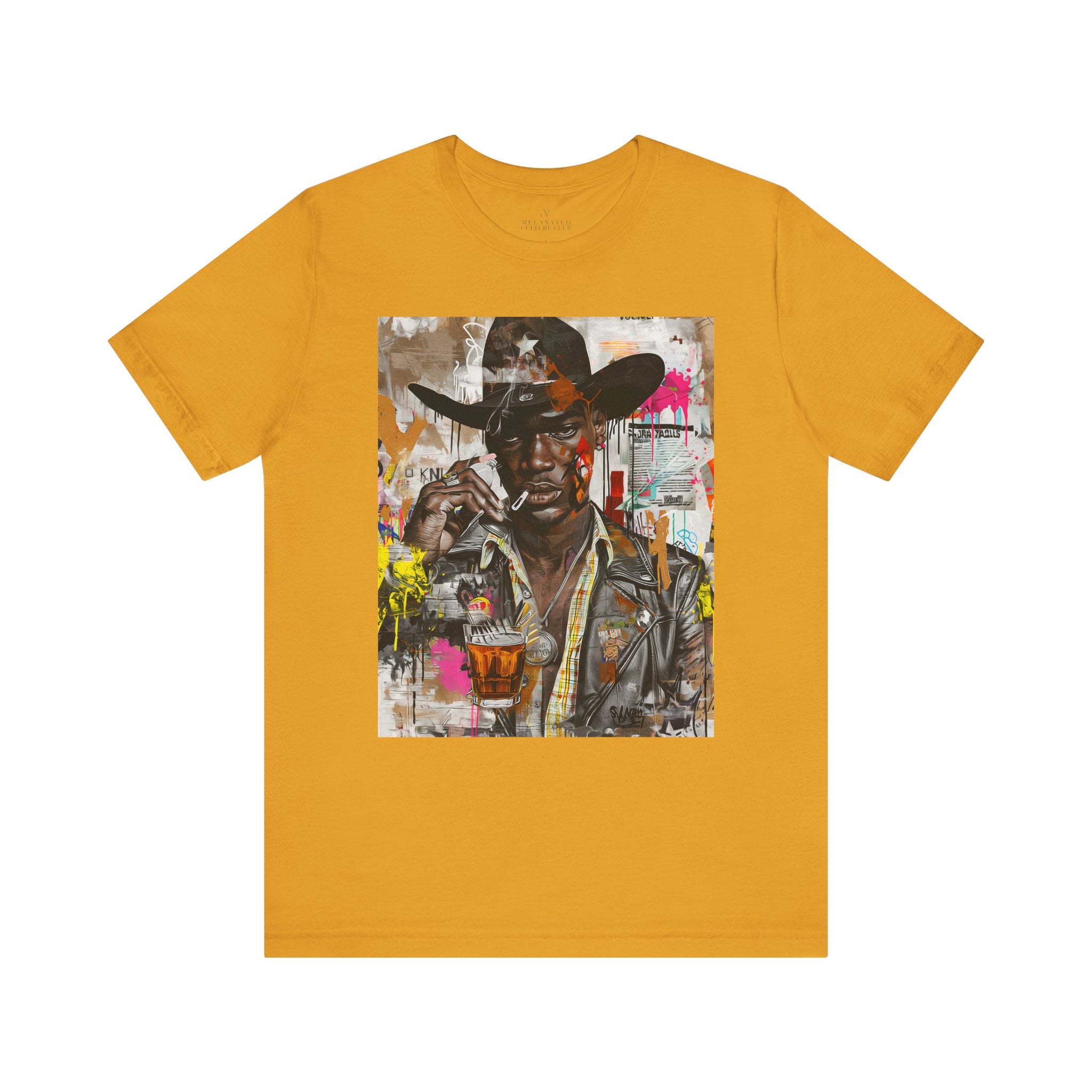 Black Cowboy Tee featuring an edgy African American cowboy with a challenging gaze, smoking a cigarette and drinking whiskey. A pop art, graffiti-inspired collage blending Western grit with urban street style.