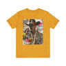 Black Cowboy Tee featuring an edgy African American cowboy with a challenging gaze, smoking a cigarette and drinking whiskey. A pop art, graffiti-inspired collage blending Western grit with urban street style.