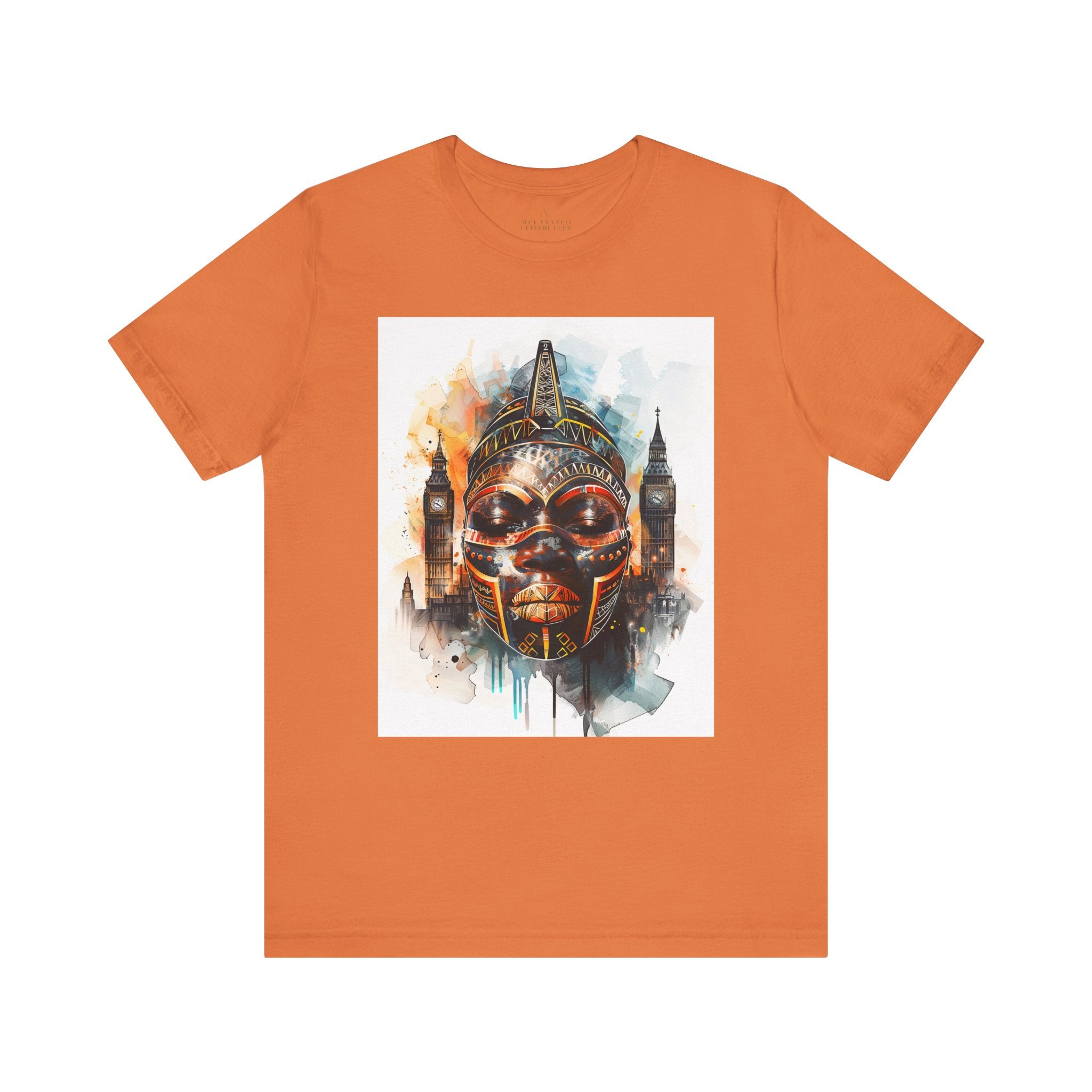 London Abstract African Mask Tee Shirt in orange.