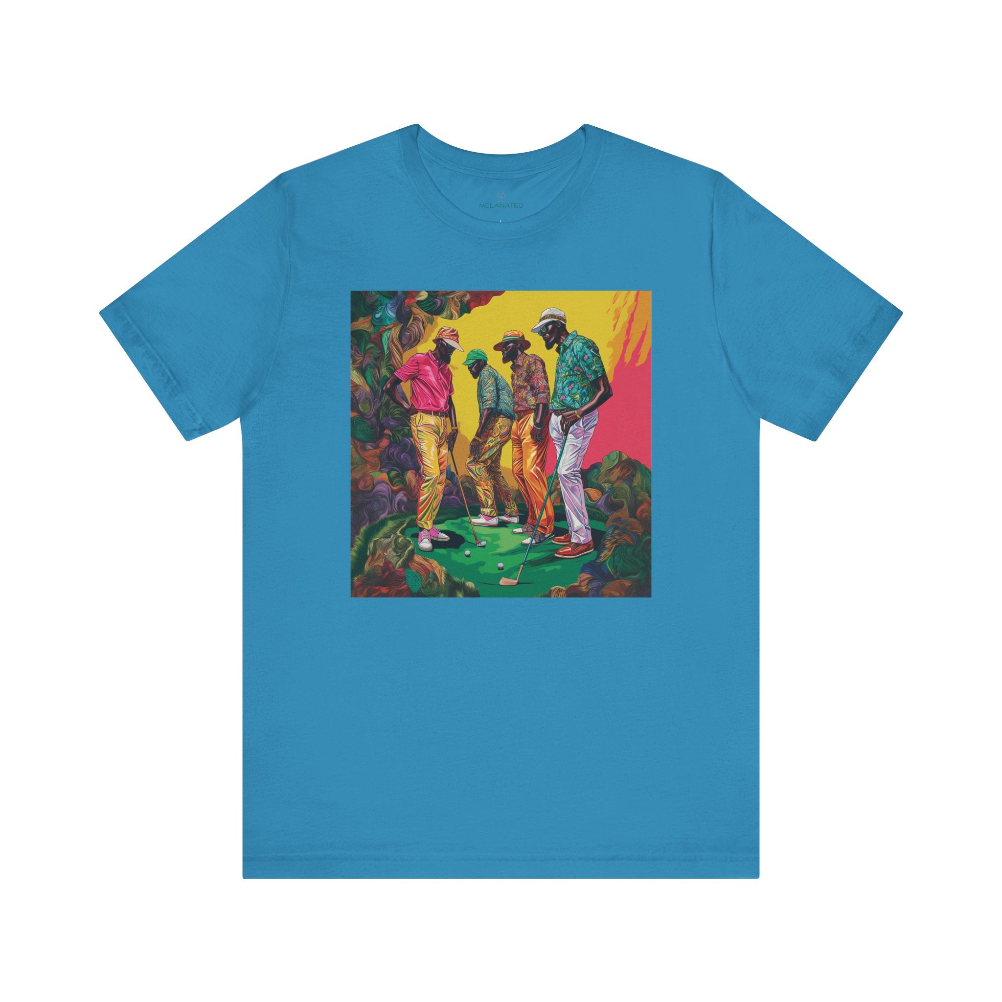 Black Men Golfers Tee Shirt featuring vibrant, colorful golf-inspired design. Perfect golfing attire for African American men who love the sport and celebrate Black culture in golf.