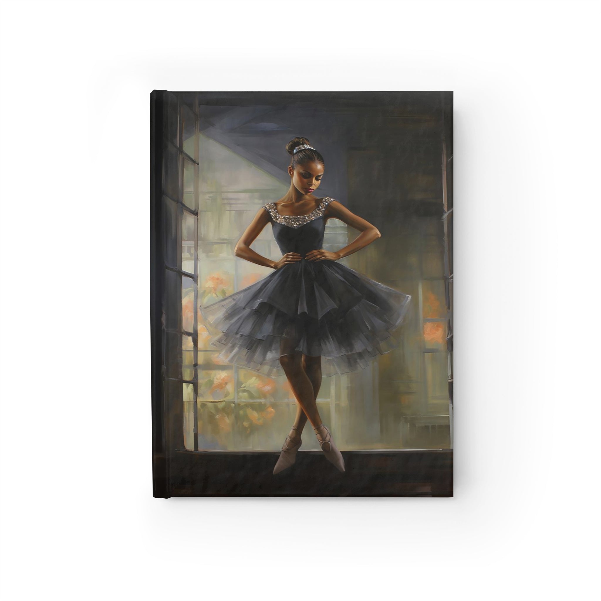 Black Girl Ballerina Journal featuring a graceful ballerina dance pose. Perfect for journaling goals, dance sketches, and choreography notes. A great gift for ballet students, teachers, and dance lovers.