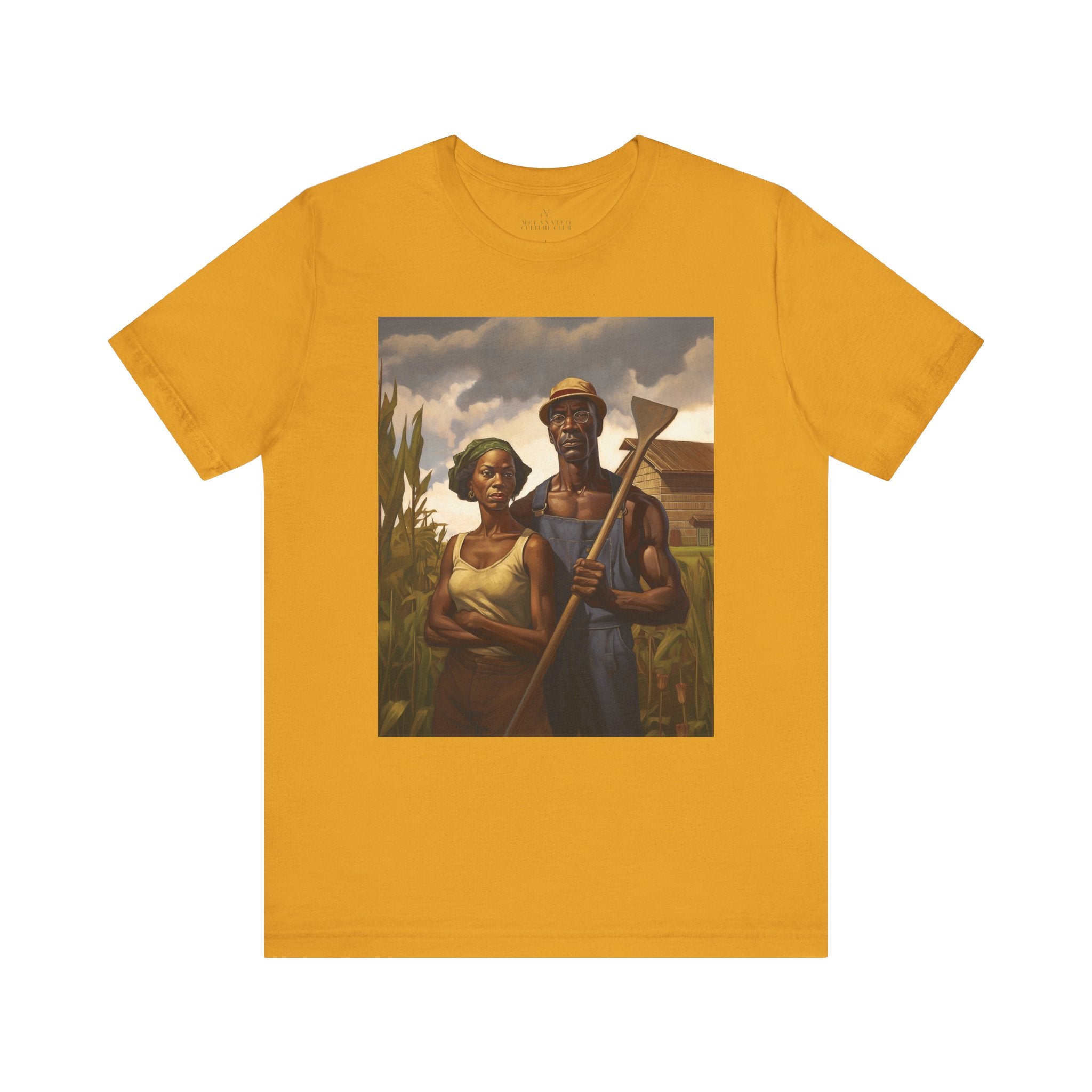 African American Gothic Farmer Tee Shirt in mustard.