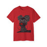 Black Girl Bantu Knots Tee Shirt featuring an Afrocentric design of a Black woman with natural hair, bold red lipstick, beautiful Black skin, and white wire-frame glasses. A stylish statement of culture and empowerment.