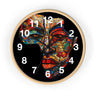 African Mosaic Mask Round Wall Clock featuring a mosaic-style African mask in the shape of the continent of Africa. Abstract Afrocentric wall decor with bold geometric patterns and vibrant colors.