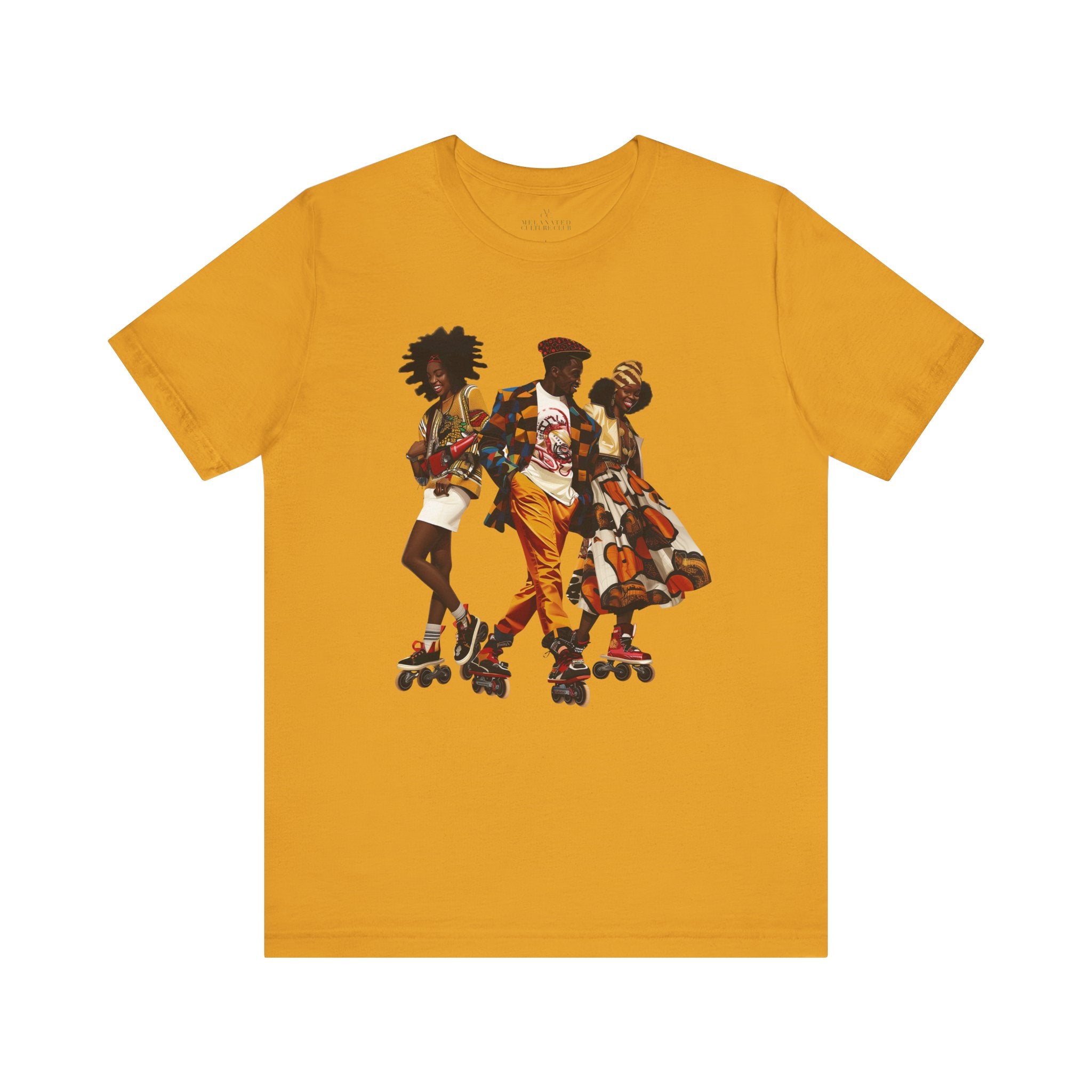 Black Roller Skaters Hip Hop Tee Shirt featuring a stylish Black man and women roller skating in vibrant Afrocentric streetwear; adult unisex top celebrating Black culture, retro skating vibes, and urban fashion.
