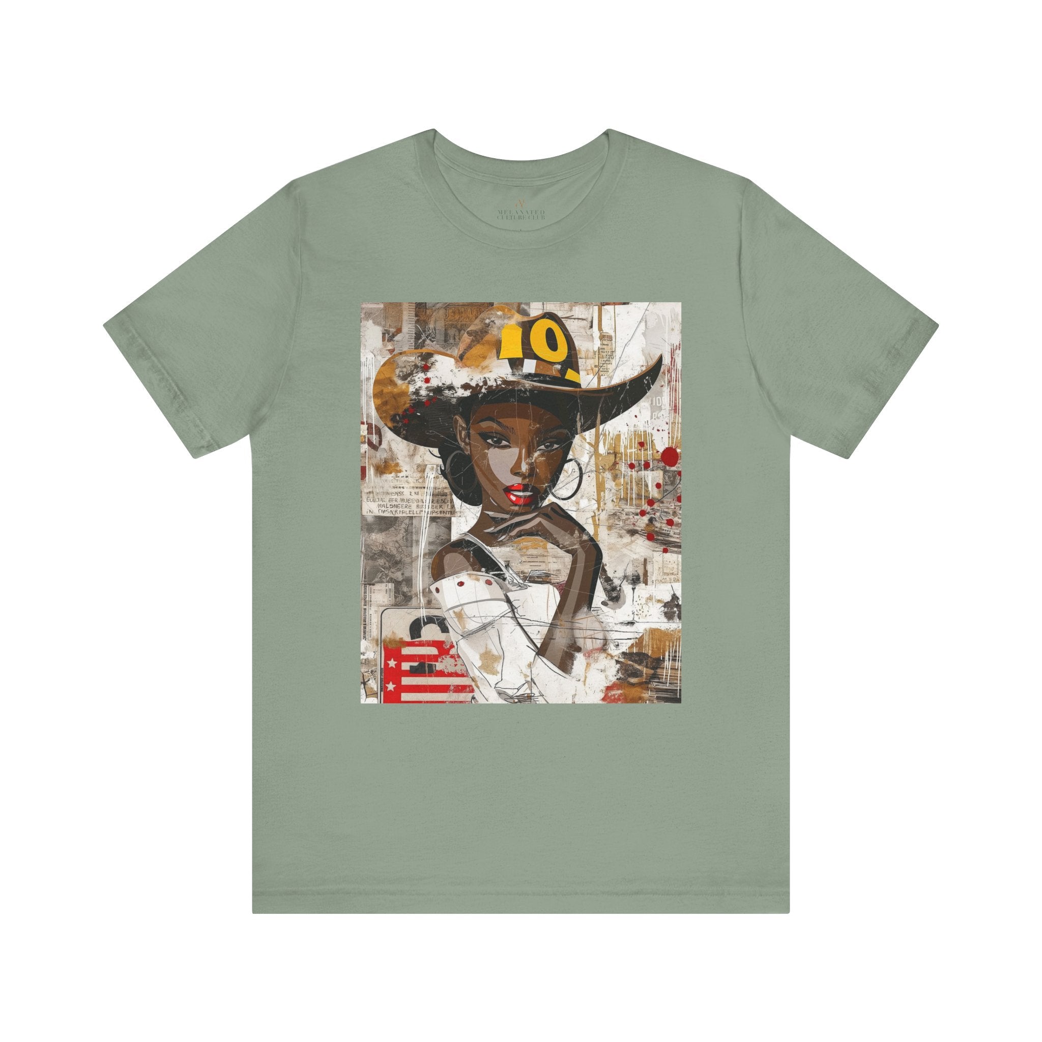 Black Cowgirl Tee featuring a cartoon-style brown skin girl in a graffiti-inspired pop art design. An edgy Afrocentric Western shirt celebrating African American culture and bold streetwear fashion.
