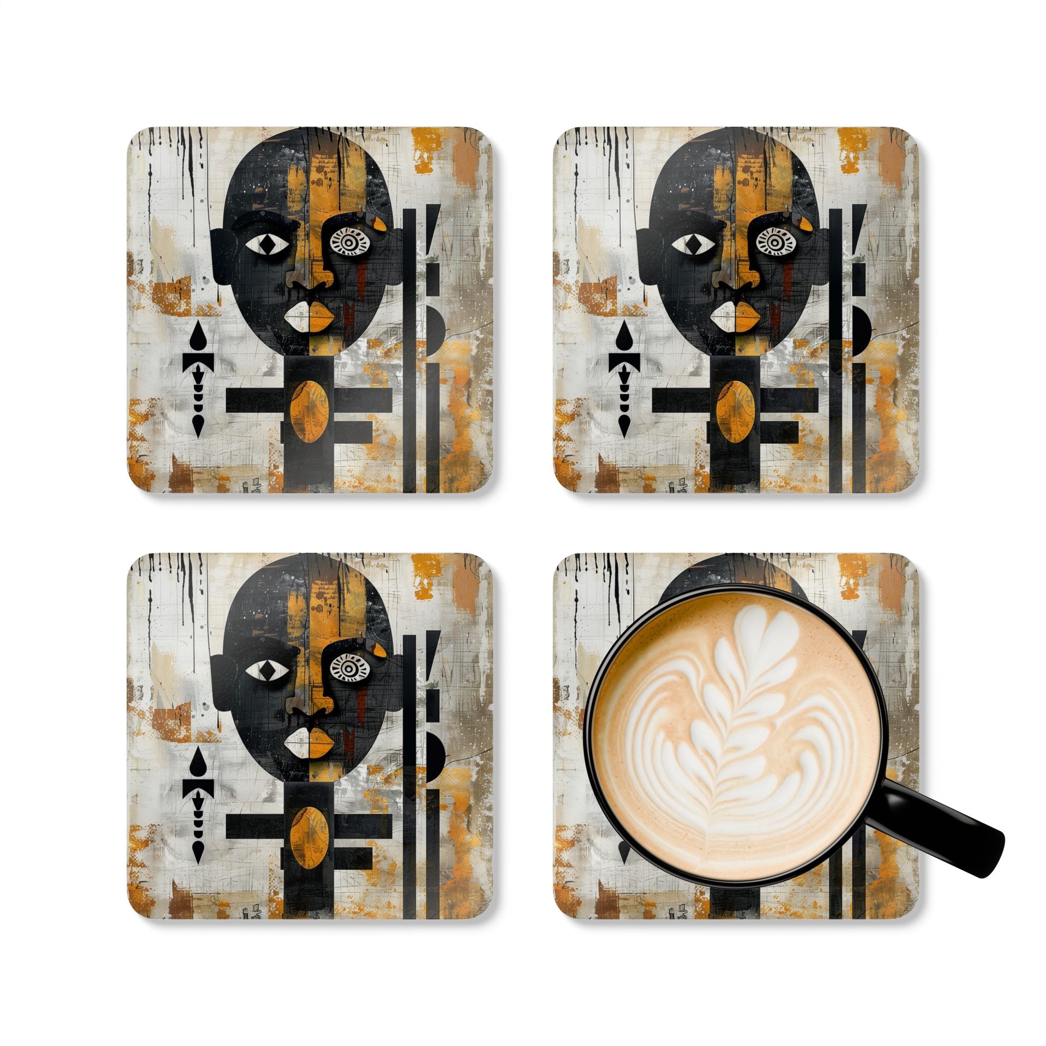 Afrocentric Drink Coasters with Abstract African Mask Art in a bold Afro Bauhaus and Boho design, colorful cultural beverage accessories.