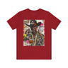 Black Cowboy Tee featuring an edgy African American cowboy with a challenging gaze, smoking a cigarette and drinking whiskey. A pop art, graffiti-inspired collage blending Western grit with urban street style.