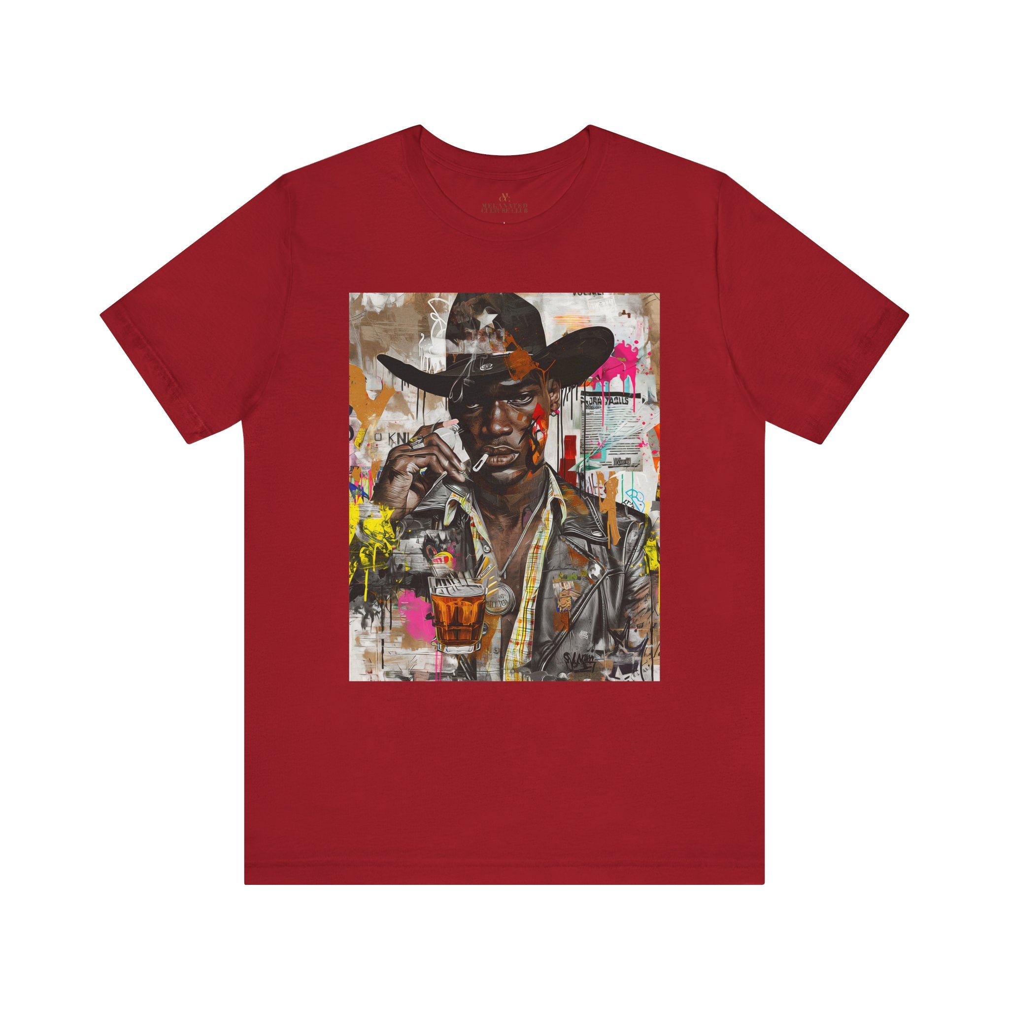 Black Cowboy Tee featuring an edgy African American cowboy with a challenging gaze, smoking a cigarette and drinking whiskey. A pop art, graffiti-inspired collage blending Western grit with urban street style.