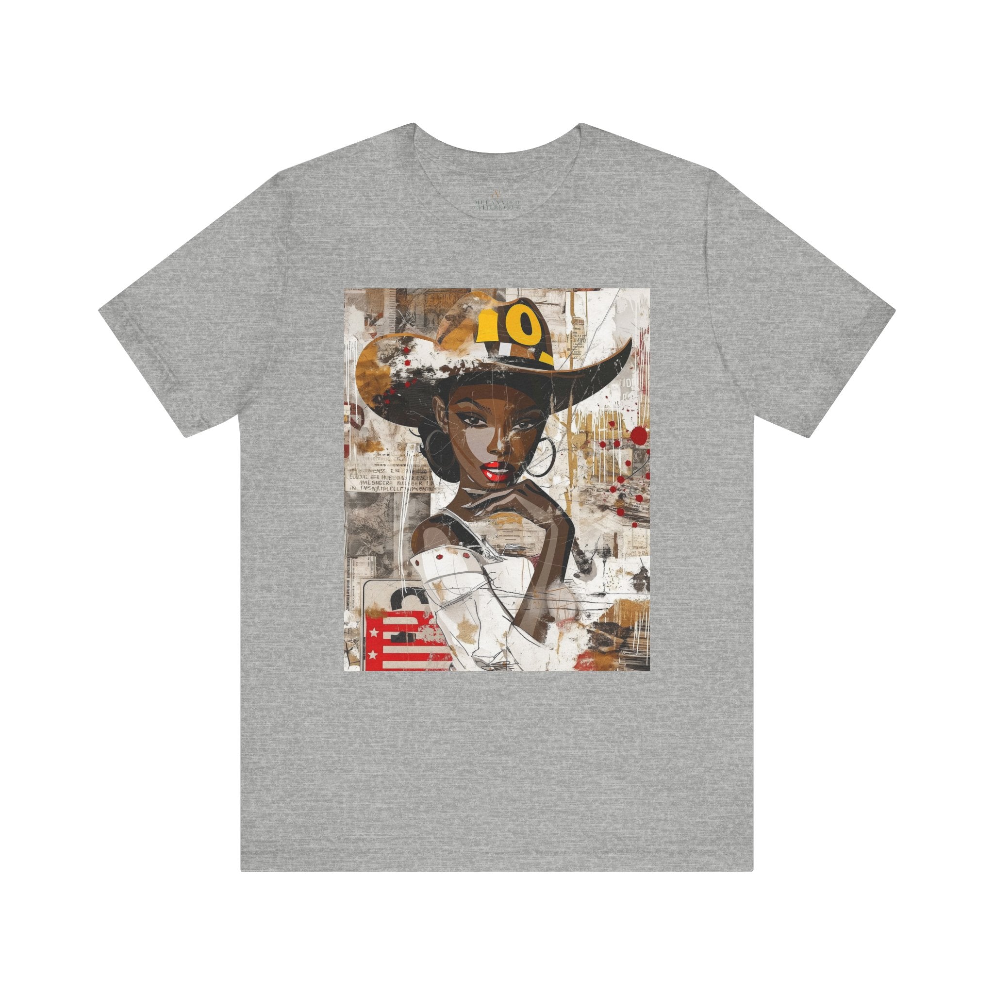 Black Cowgirl Tee featuring a cartoon-style brown skin girl in a graffiti-inspired pop art design. An edgy Afrocentric Western shirt celebrating African American culture and bold streetwear fashion.
