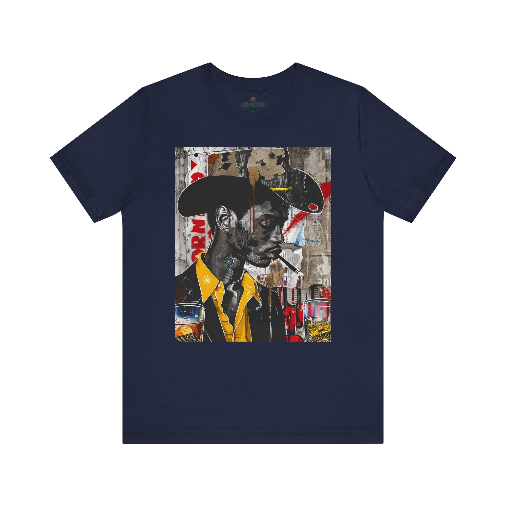 Western Rugged Black Cowboy Tee featuring an edgy African American man with a cigar and whiskey. A bold Afrocentric culture shirt with pop art, graffiti, and collage-inspired design.