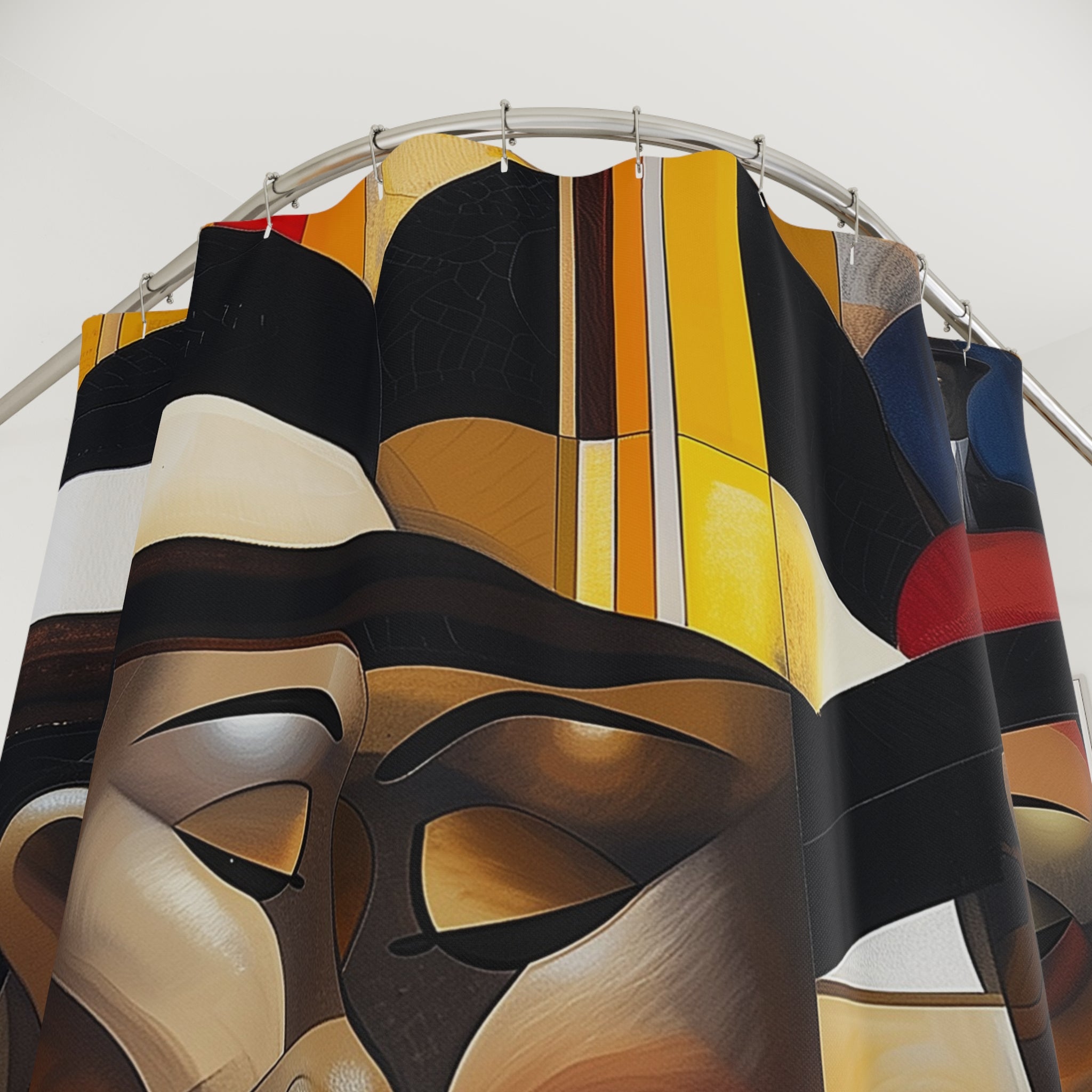 Harlem Era Bathroom Shower Curtain featuring stylish Black fashionistas from the Ladies and Gents collection, inspired by Harlem art, Bauhaus, and pop art design.