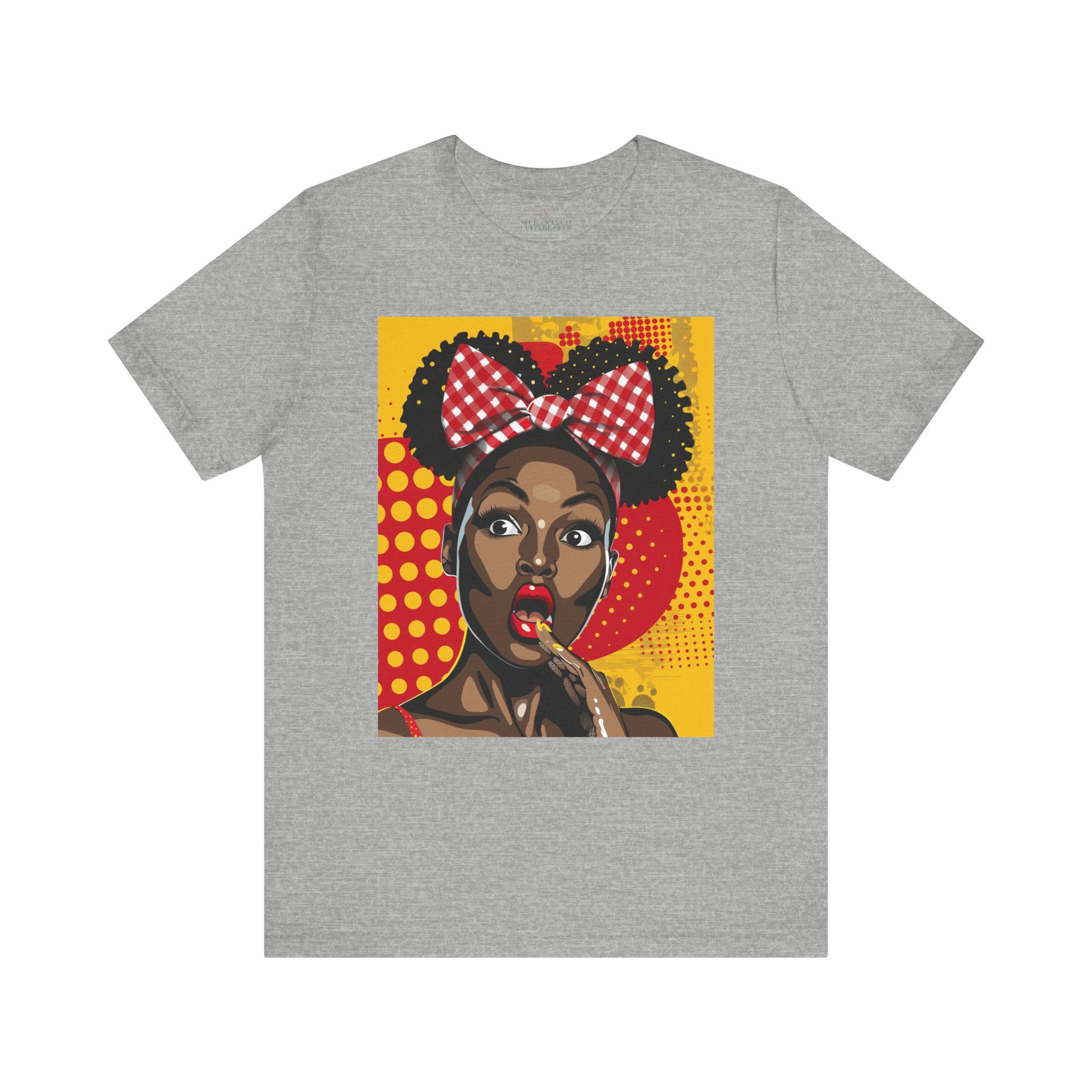 Black Girl Shocked Look Tee Shirt featuring a cartoon-style pop art illustration of a Black woman with natural hair and a red polka-dotted hair bow. Afrocentric graphic tee celebrating Black Girl Magic and expressive streetwear style.