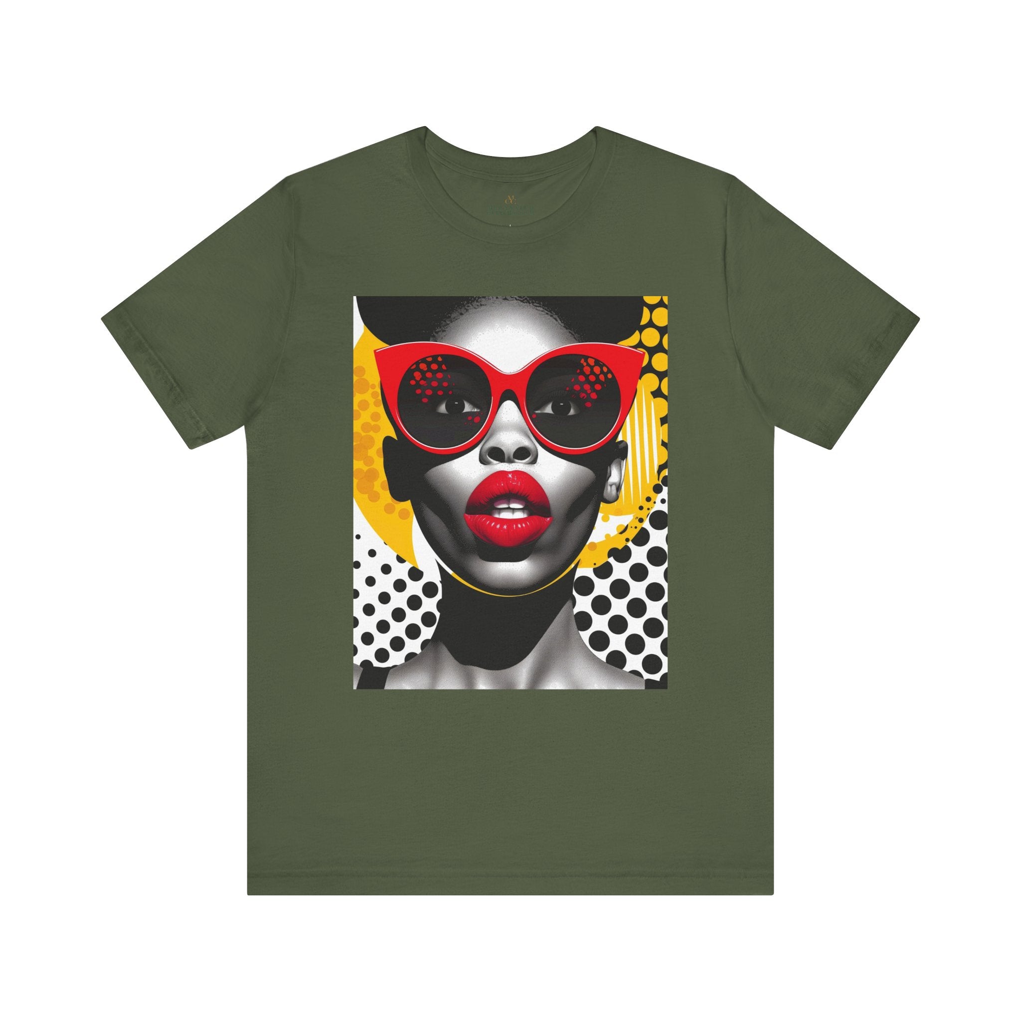 Black Woman Shock Pop Art Tee Shirt featuring an Afrocentric retro comic style illustration of a surprised Black woman. Bold psychedelic colors and vintage streetwear design celebrating African American fashion and expressive art.