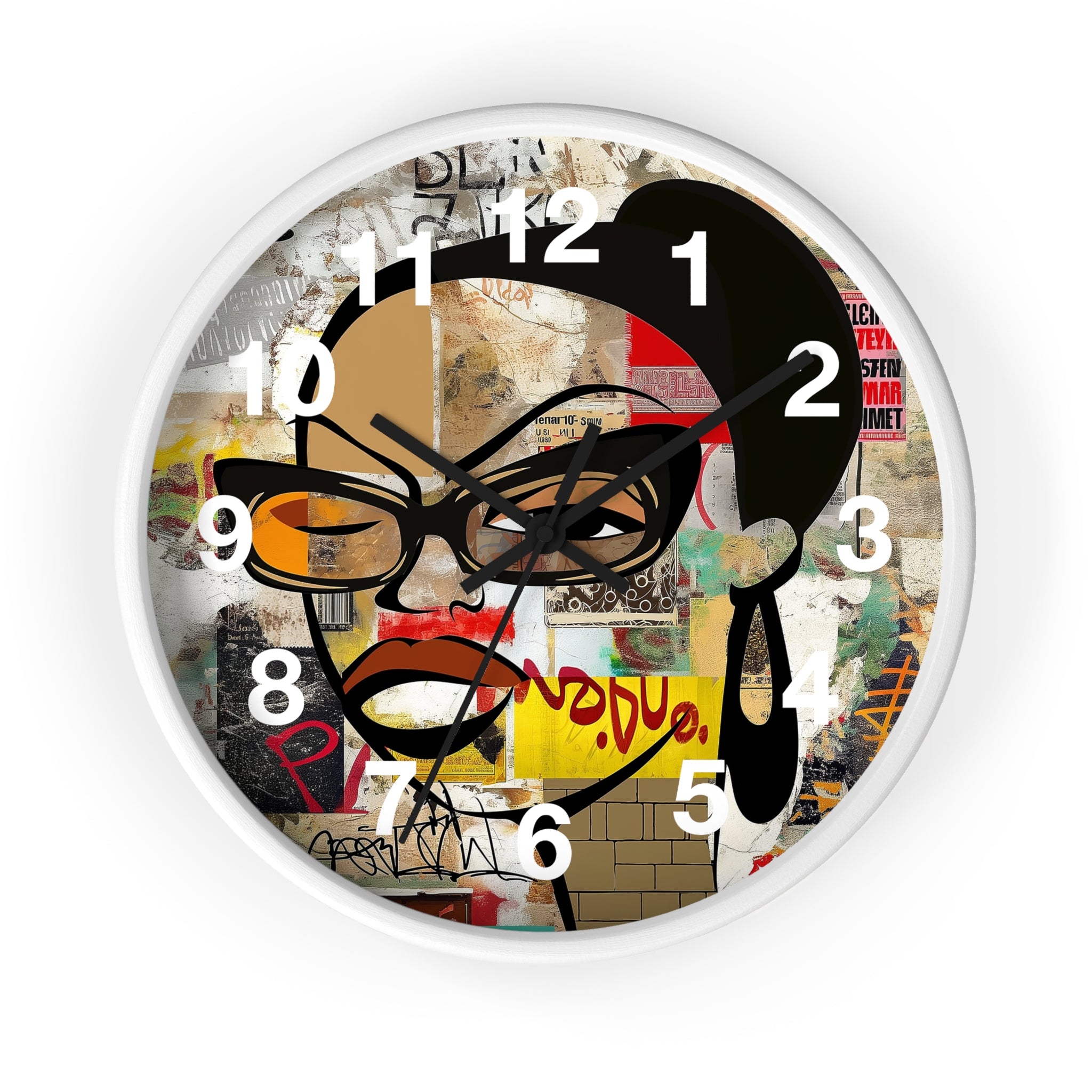 Boss Babe Black Girl Wall Clock featuring Afrocentric cartoon character Markeisha in vibrant graffiti art style. Black woman empowerment decor for modern home or office.