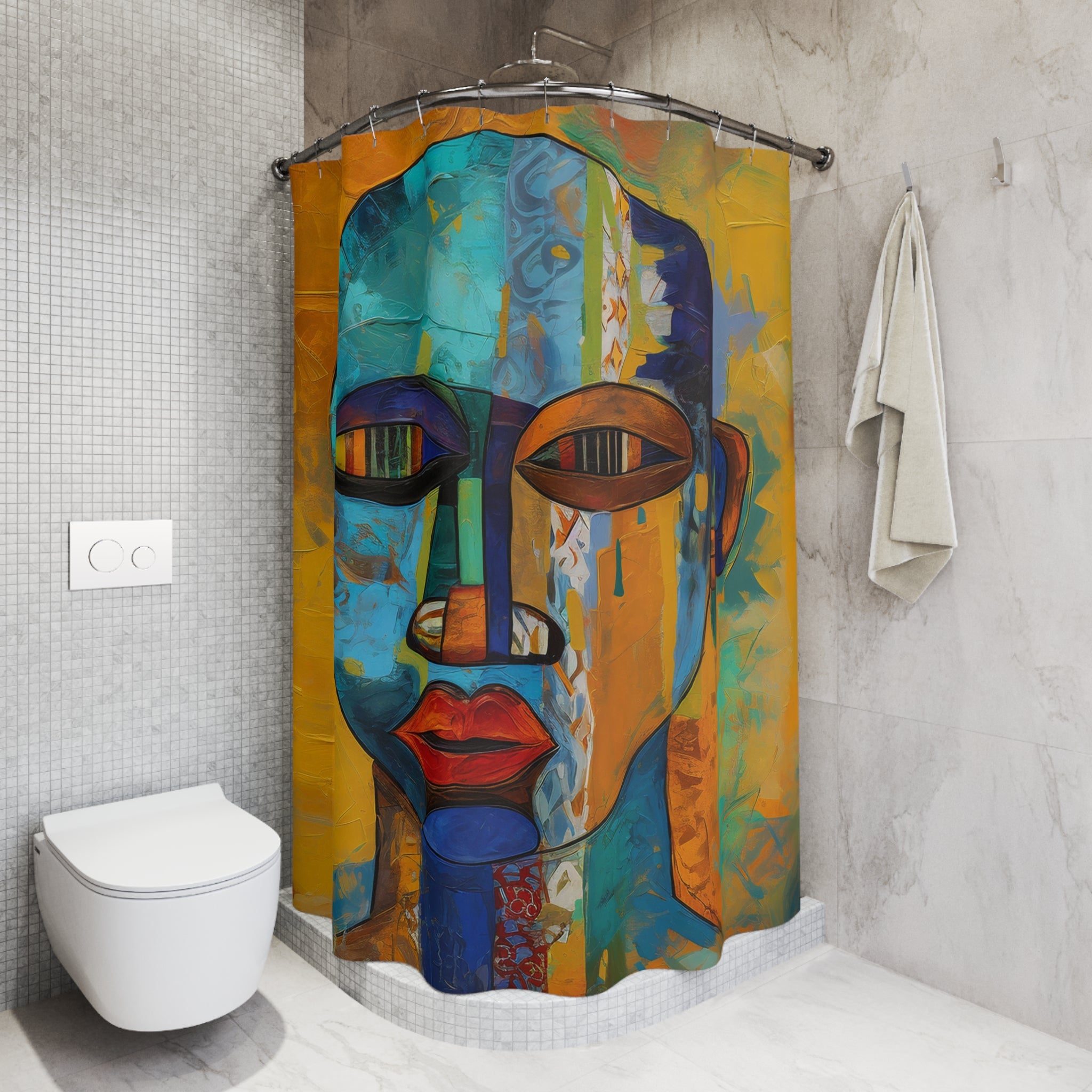 Bathroom shower curtain featuring an abstract African mask design with bold Afrocentric patterns, ideal for African-inspired home decor.