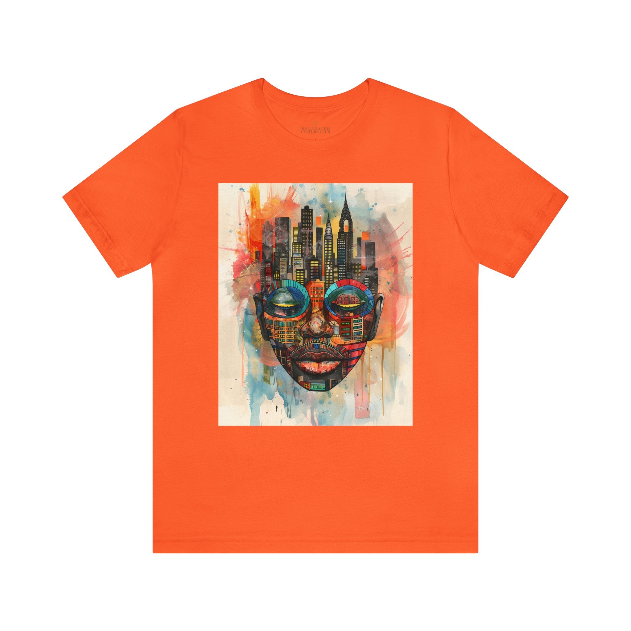New York City Abstract African Mask Unisex Tee Shirt in orange.