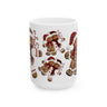 Gingerbread Cookie Couple Coffee Mug featuring a festive gingerbread couple design, Christmas holiday beverage mug perfect for coffee, tea, and hot cocoa, available in 11 oz and 15 oz sizes.