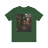 Voodoo Priestess Tee Shirt featuring Afrocentric gothic artwork of a woman with skull face paint, red eyes, and holding a tarot card. Dark fantasy Afrocentric graphic tee for mysticism, culture, and streetwear fashion.