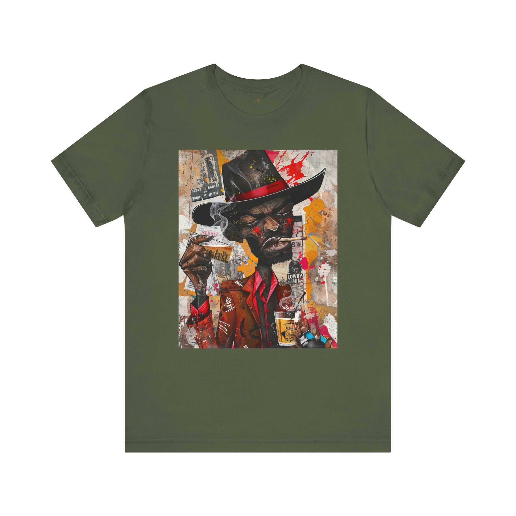 Gangster Black Cowboy Tee featuring a cartoon-style African American cowboy in a graffiti collage design. A bold, edgy Afrocentric pop art-style shirt blending Western and urban street culture.