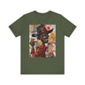 Gangster Black Cowboy Tee featuring a cartoon-style African American cowboy in a graffiti collage design. A bold, edgy Afrocentric pop art-style shirt blending Western and urban street culture.