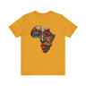 Continent of Africa Tee Shirt featuring an abstract African mask within a mosaic-style Africa map. A bold Afrocentric top celebrating Black culture, heritage, and identity, perfect for unique gifting.