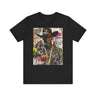 Black Cowboy Tee featuring an edgy African American cowboy with a challenging gaze, smoking a cigarette and drinking whiskey. A pop art, graffiti-inspired collage blending Western grit with urban street style.