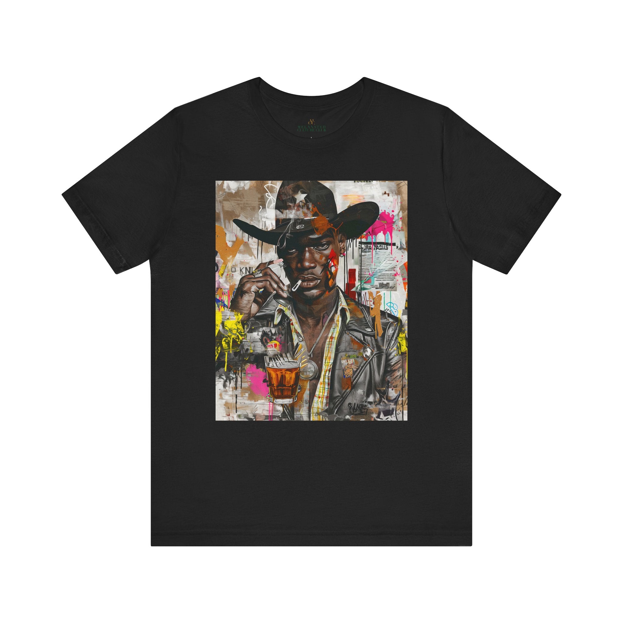 Black Cowboy Tee featuring an edgy African American cowboy with a challenging gaze, smoking a cigarette and drinking whiskey. A pop art, graffiti-inspired collage blending Western grit with urban street style.