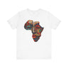 Continent of Africa Tee Shirt featuring an abstract African mask within a mosaic-style Africa map. A bold Afrocentric top celebrating Black culture, heritage, and identity, perfect for unique gifting.