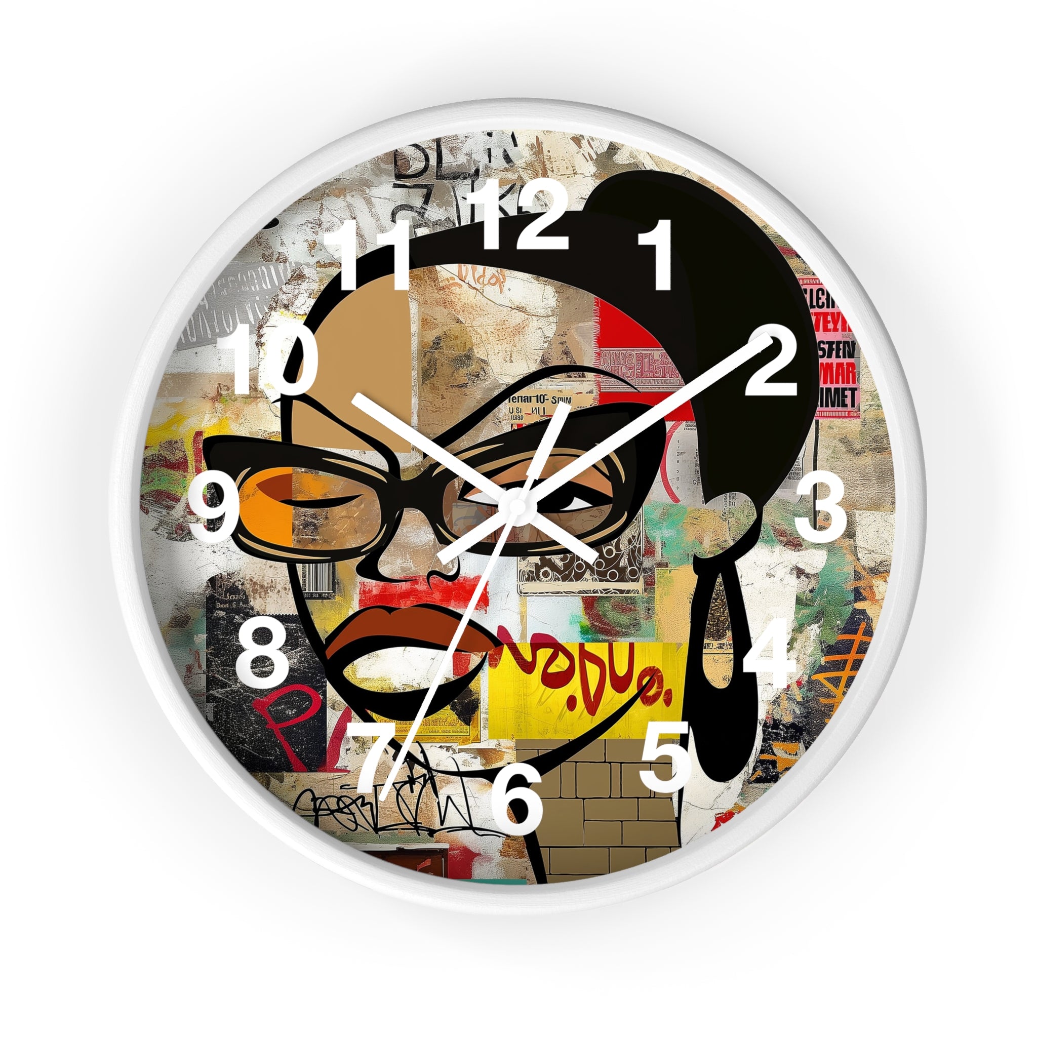 Boss Babe Black Girl Wall Clock featuring Afrocentric cartoon character Markeisha in vibrant graffiti art style. Black woman empowerment decor for modern home or office.