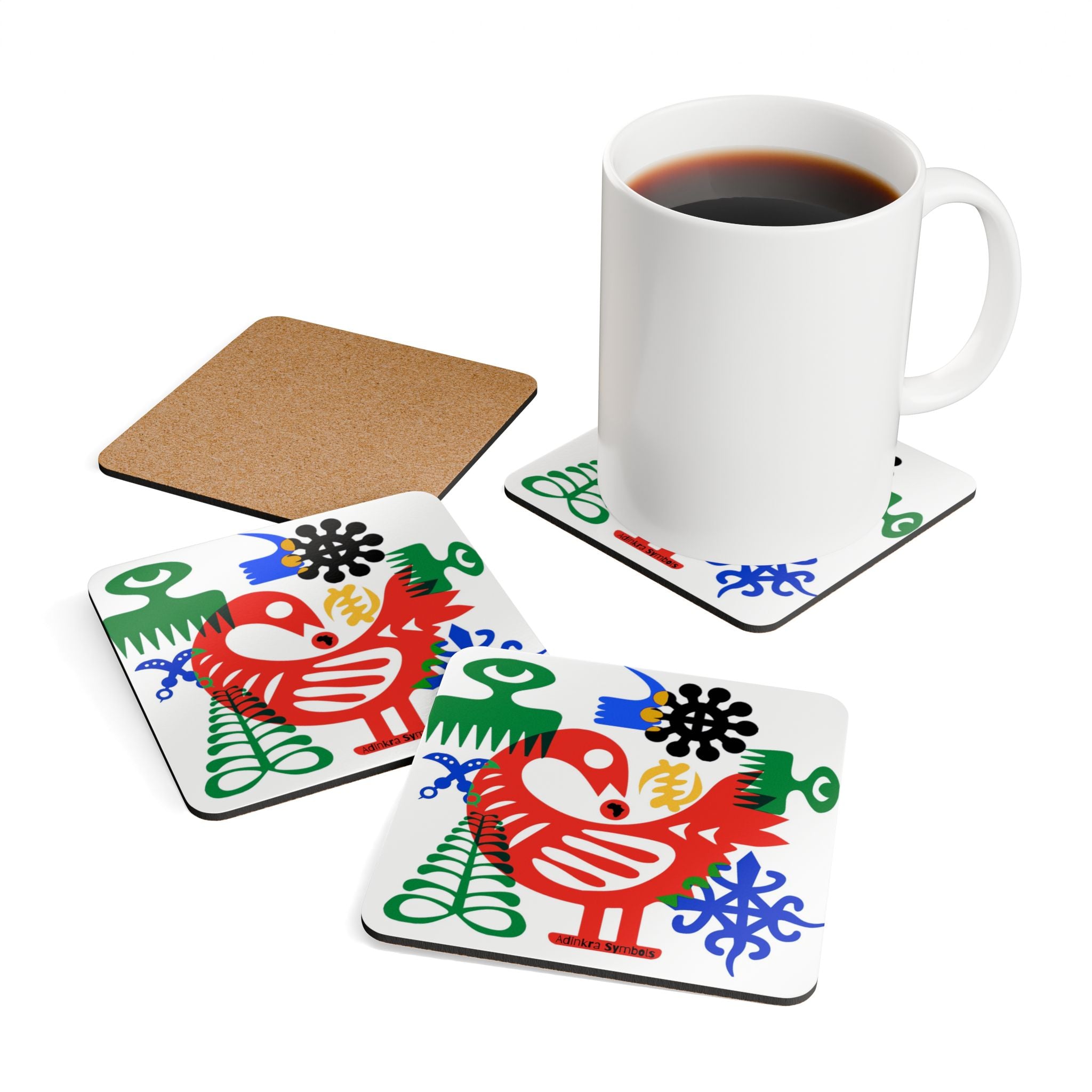 African Adinkra Symbols Drink Coasters featuring traditional Ghanaian symbols representing strength, unity, and wisdom—Afrocentric housewarming gift set.