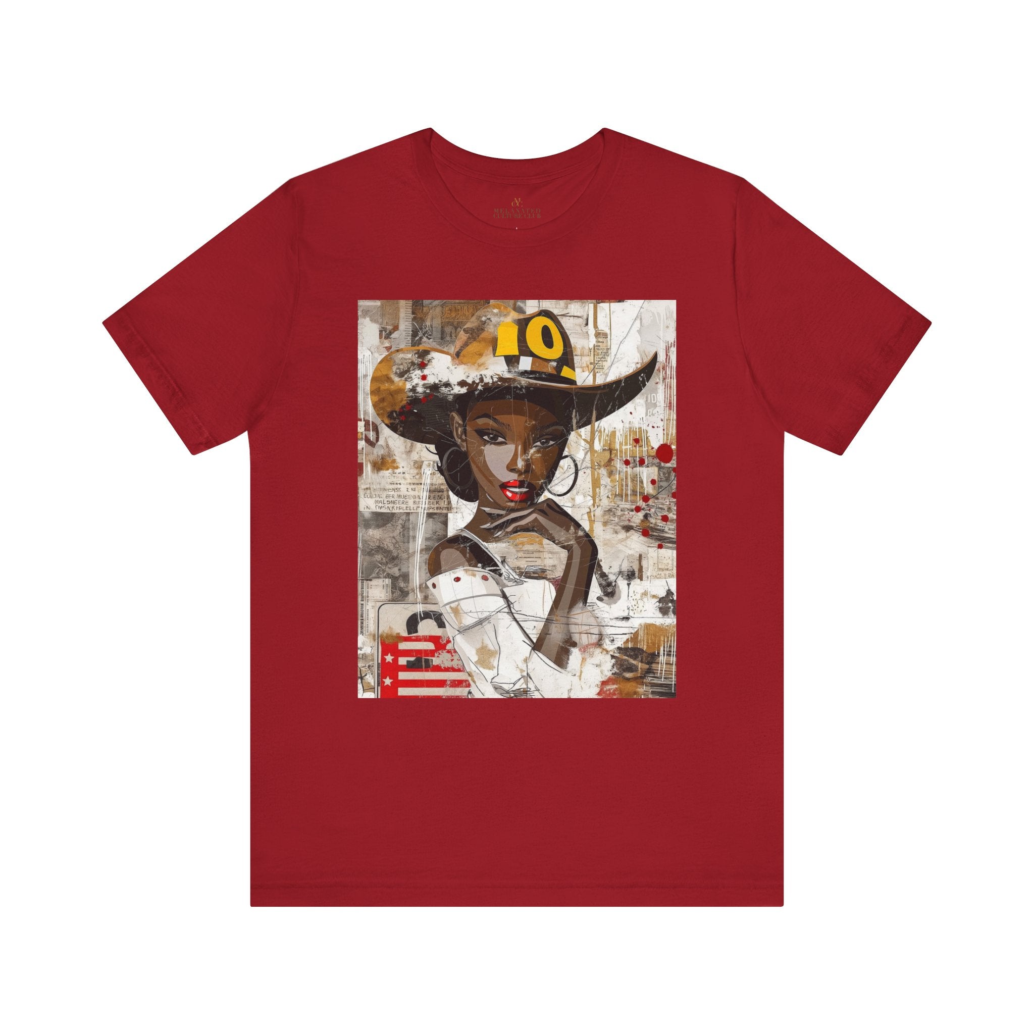 Black Cowgirl Tee featuring a cartoon-style brown skin girl in a graffiti-inspired pop art design. An edgy Afrocentric Western shirt celebrating African American culture and bold streetwear fashion.