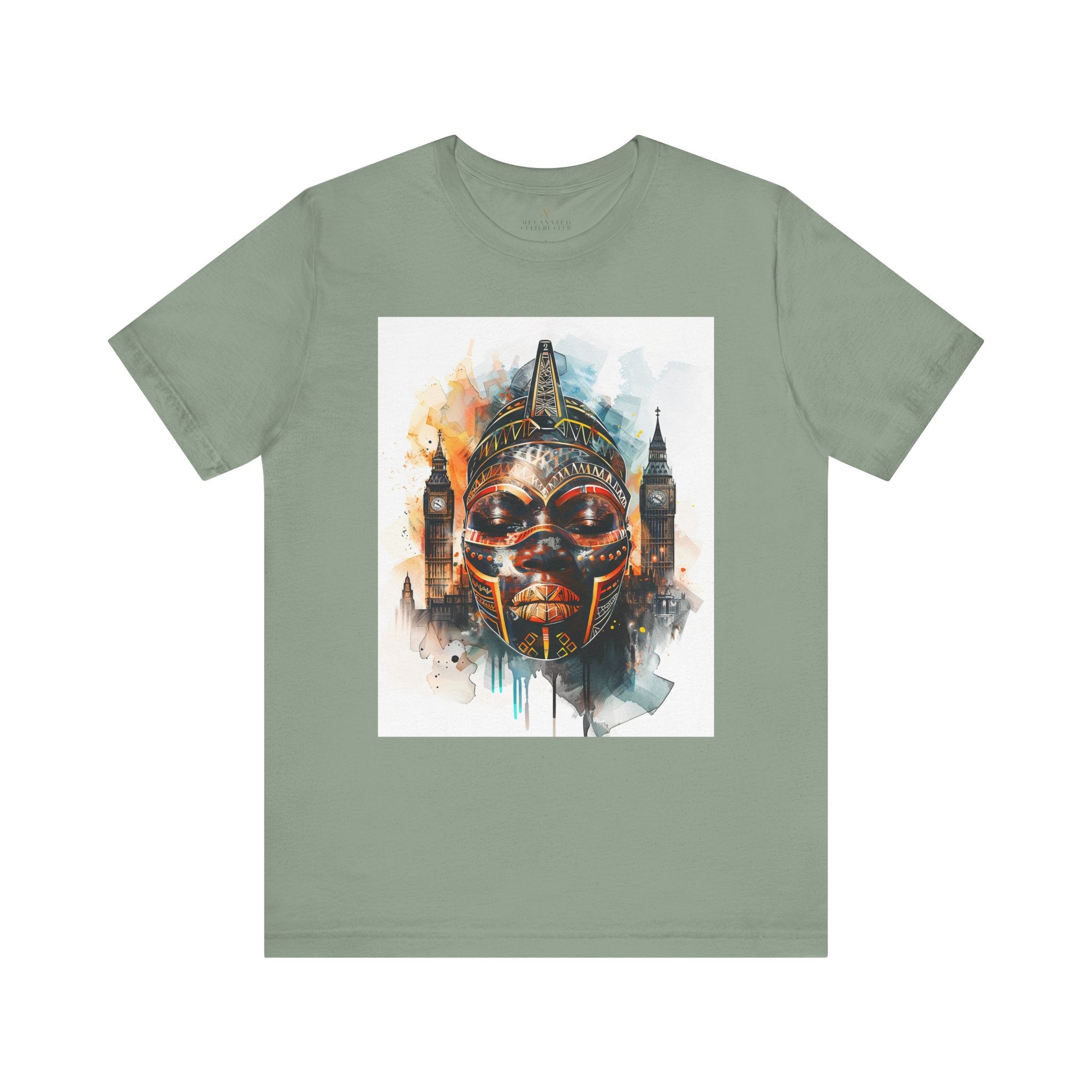 London Abstract African Mask Tee Shirt in sage.