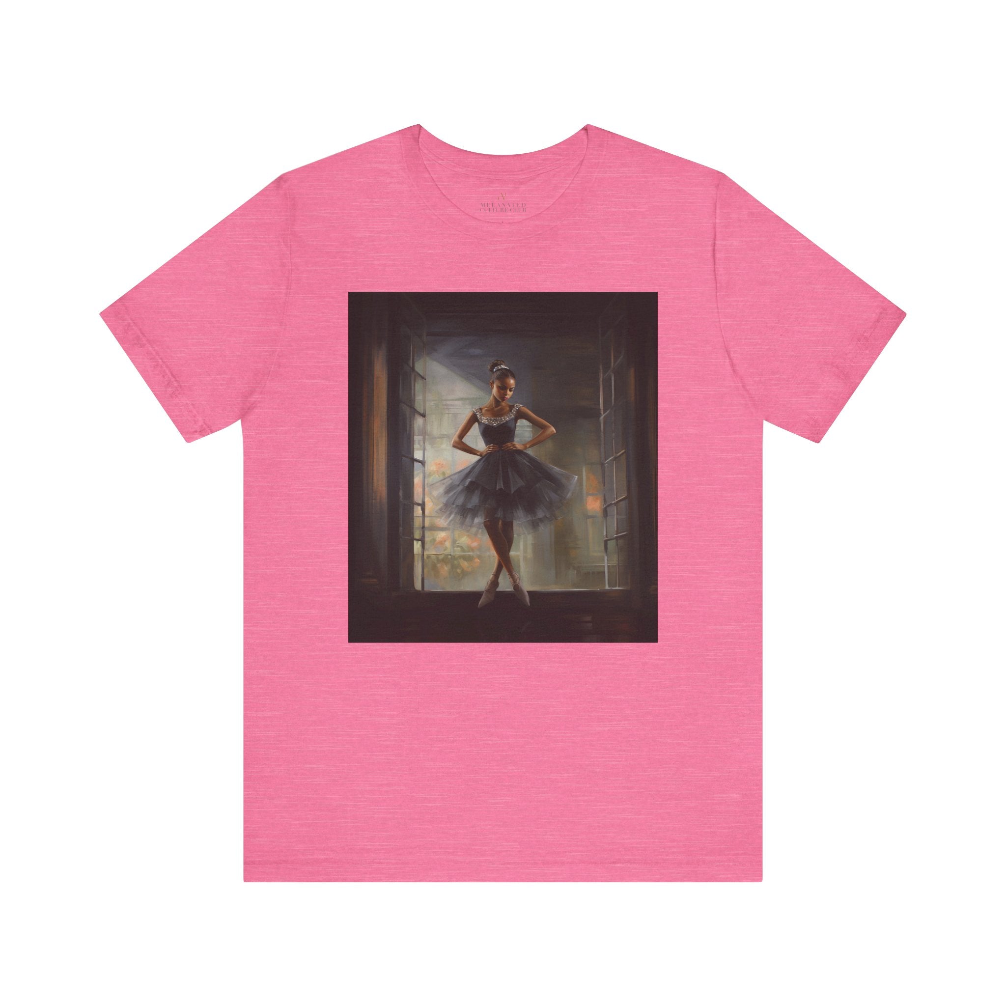 Black Ballerina Tee Shirt featuring an African American dancer, in a beautiful black tulle dress, celebrating brown skin girls in ballet. A perfect gift for ballet students, teachers, and Black girls who love to dance.