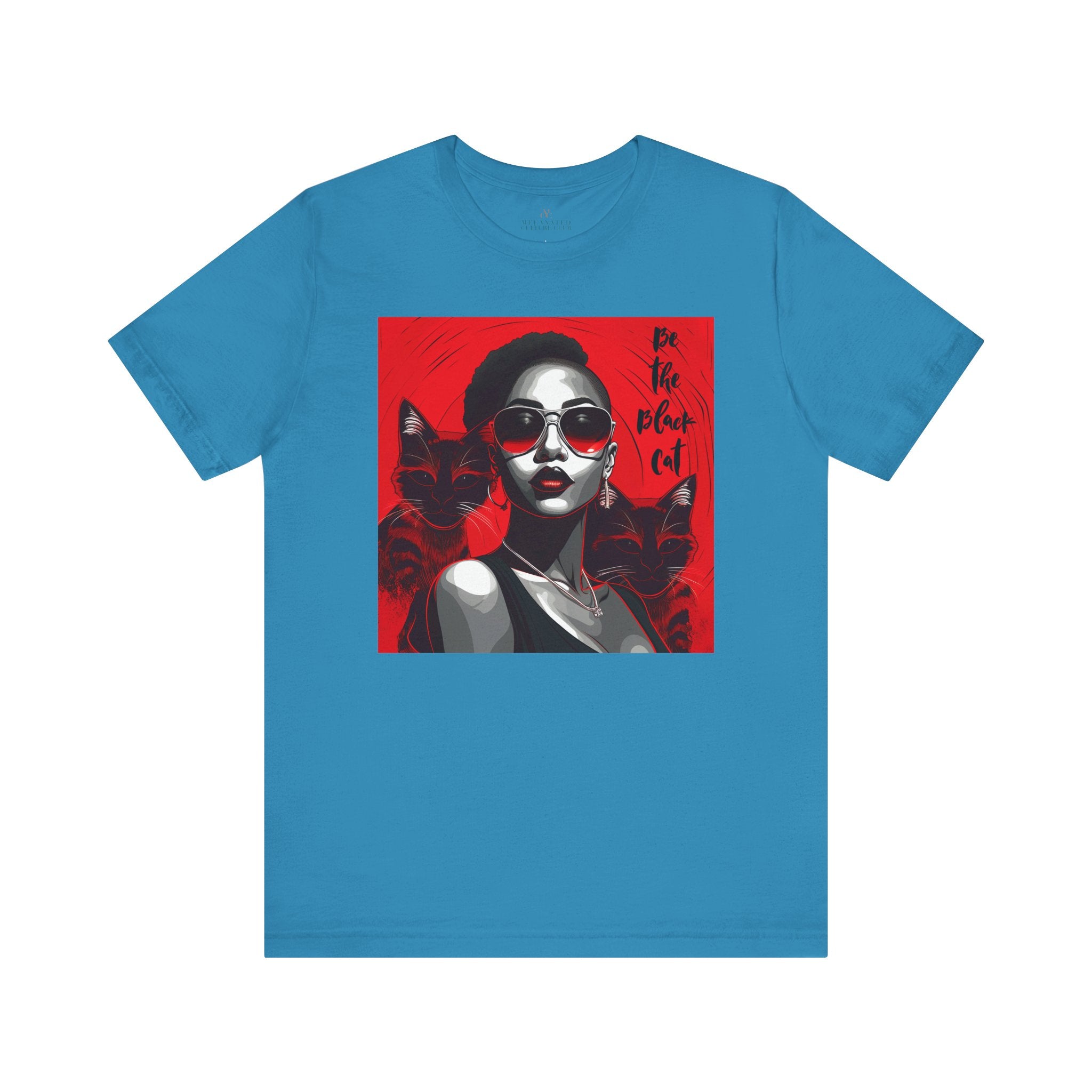 Black Woman Be the Black Cat Tee Shirt in aqua.