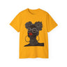 Black Girl Bantu Knots Tee Shirt featuring an Afrocentric design of a Black woman with natural hair, bold red lipstick, beautiful Black skin, and white wire-frame glasses. A stylish statement of culture and empowerment.