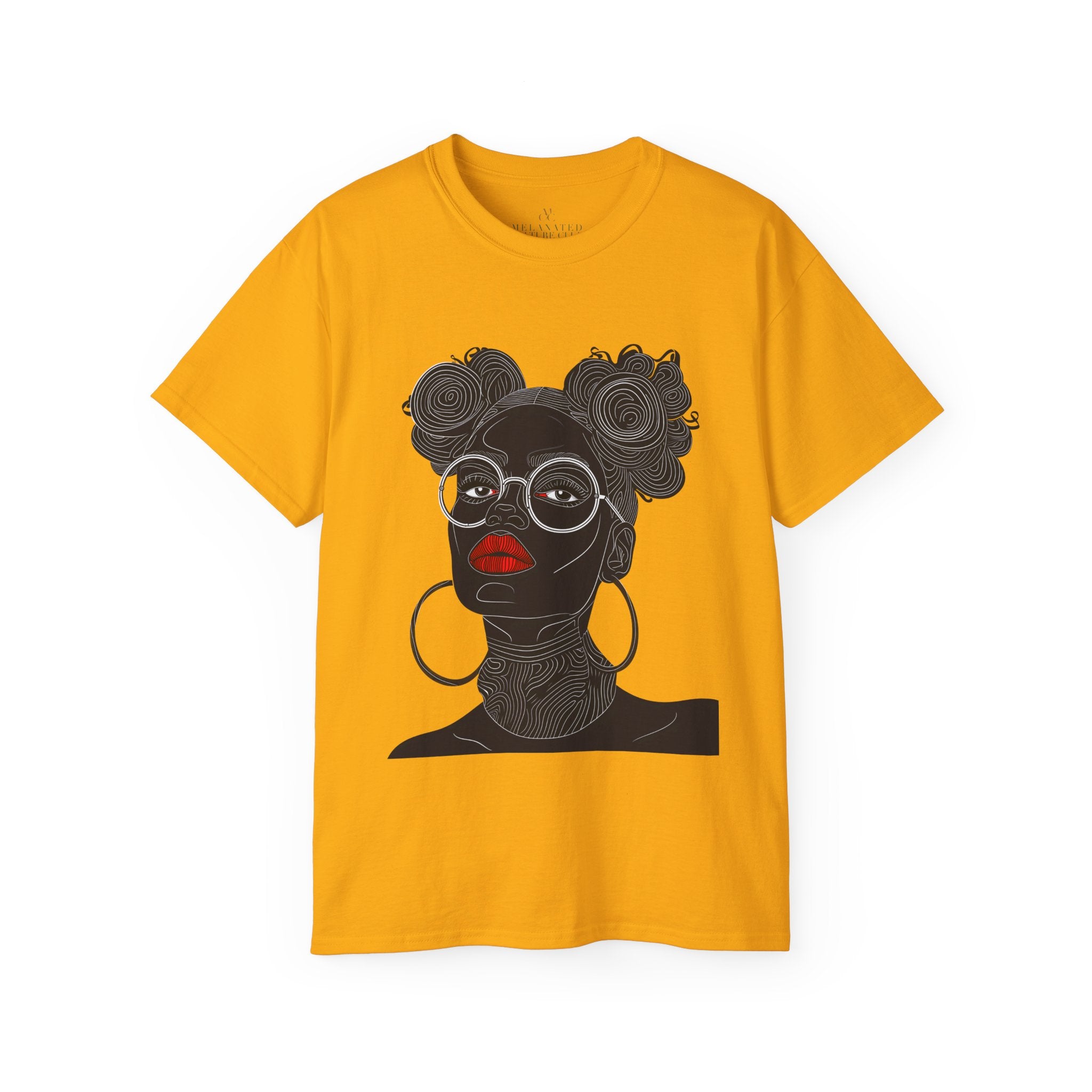 Black Girl Bantu Knots Tee Shirt featuring an Afrocentric design of a Black woman with natural hair, bold red lipstick, beautiful Black skin, and white wire-frame glasses. A stylish statement of culture and empowerment.