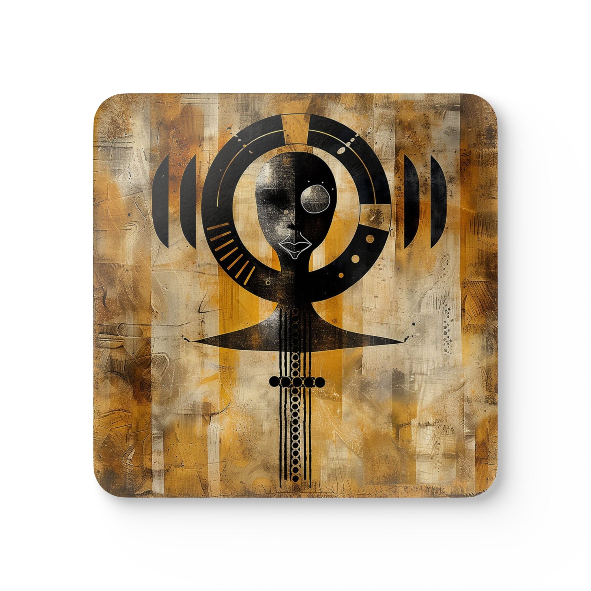 Set of drink coasters featuring the Ashanti fertility doll symbol from Ghana. Afrocentric design perfect for African-inspired barware, cultural decor, or as a meaningful housewarming gift.