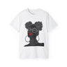 Black Girl Bantu Knots Tee Shirt featuring an Afrocentric design of a Black woman with natural hair, bold red lipstick, beautiful Black skin, and white wire-frame glasses. A stylish statement of culture and empowerment.