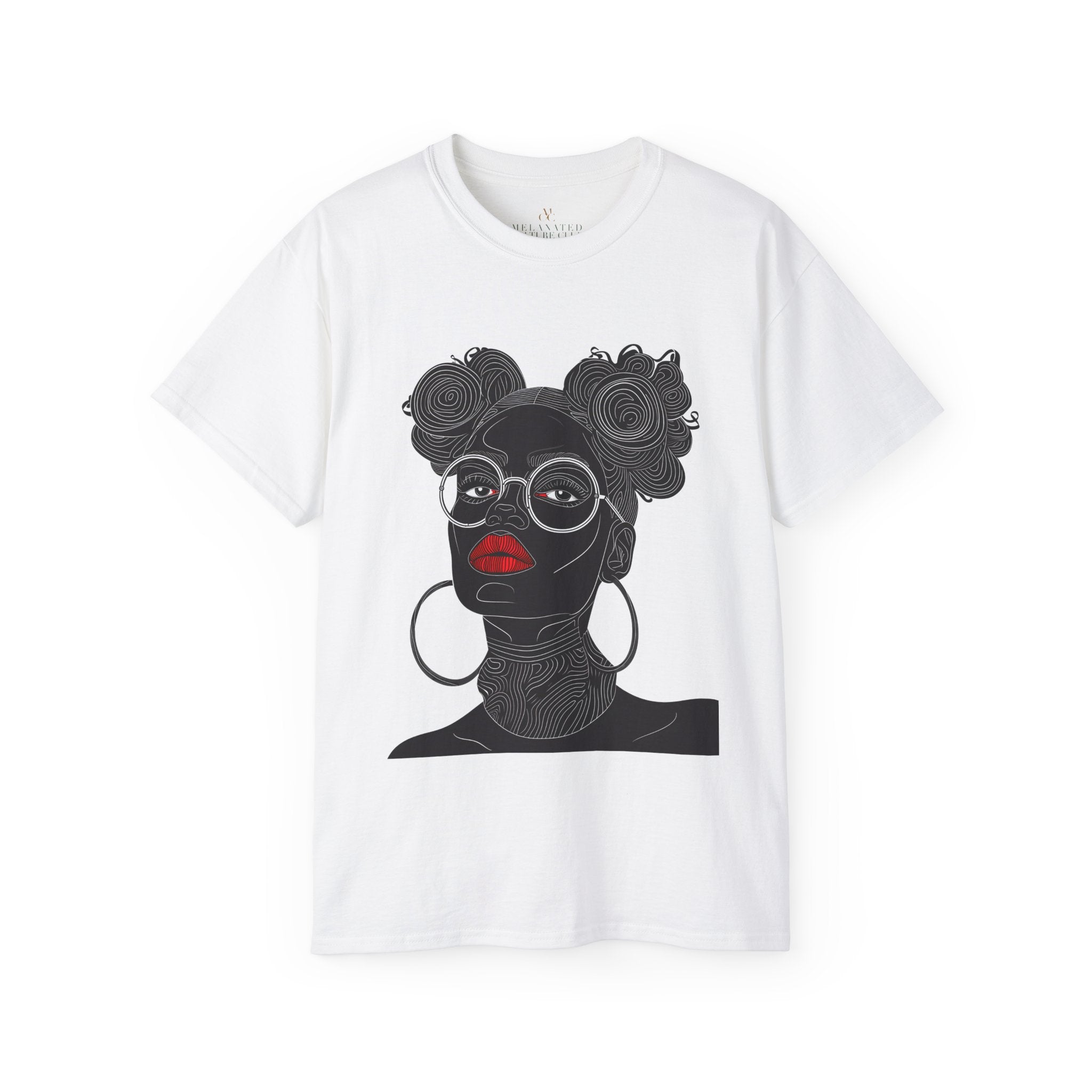 Black Girl Bantu Knots Tee Shirt featuring an Afrocentric design of a Black woman with natural hair, bold red lipstick, beautiful Black skin, and white wire-frame glasses. A stylish statement of culture and empowerment.